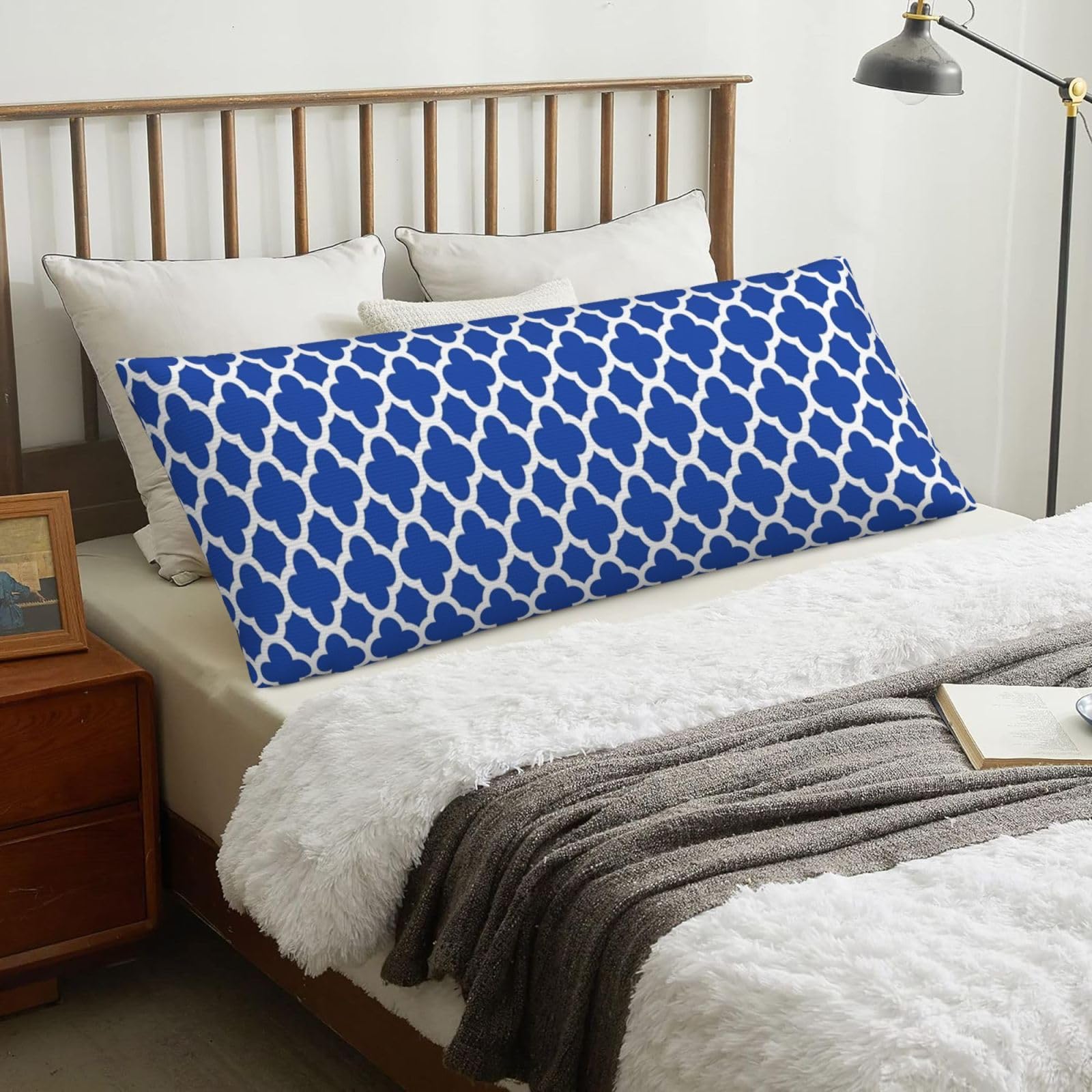 Cobalt Blue Quatrefoil Trellis, Body Pillow Cover with Zipper,Long Body Pillowcase 20 x 60 in