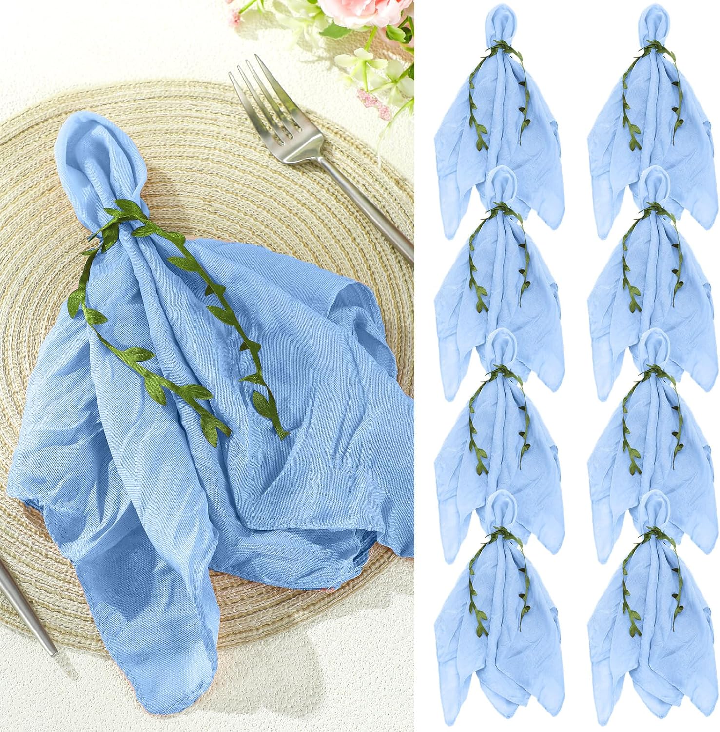 80 Set Sage Green Cheesecloth Napkins with Napkins Ring 18 x 18 Inch Gauze Sage Cloth Napkin Cotton Reusable Dinner Leaf Ribbon Rustic Linen Table for Wedding Baby Shower Event Party