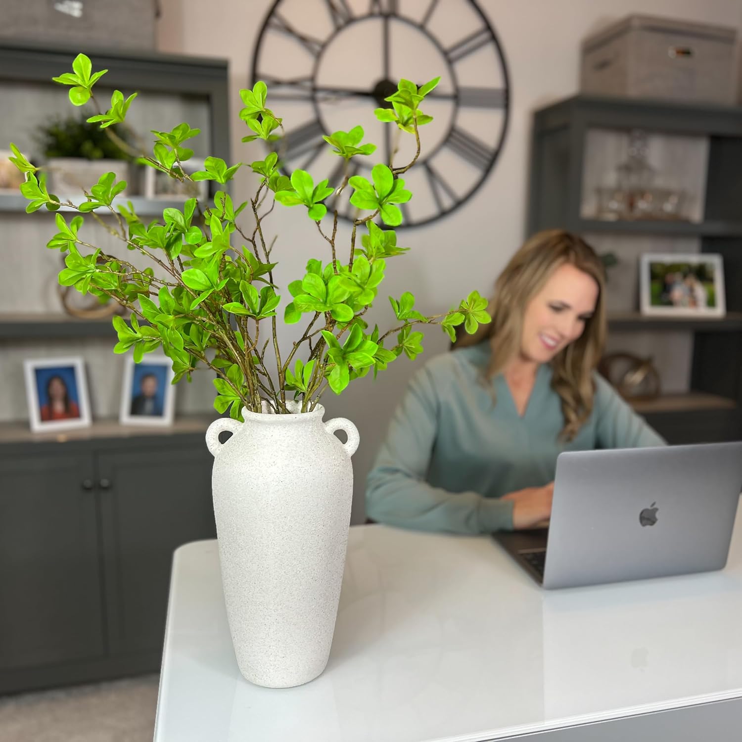 12 Inch Tall White Ceramic Vase, with 5 Branches of 25 Inch Faux Artificial Vibrant Greenery Stems Set, Textured Minimalist Jug, Fake Stem Plants, Decorative Farmhouse, Console Table Centerpiece Decor