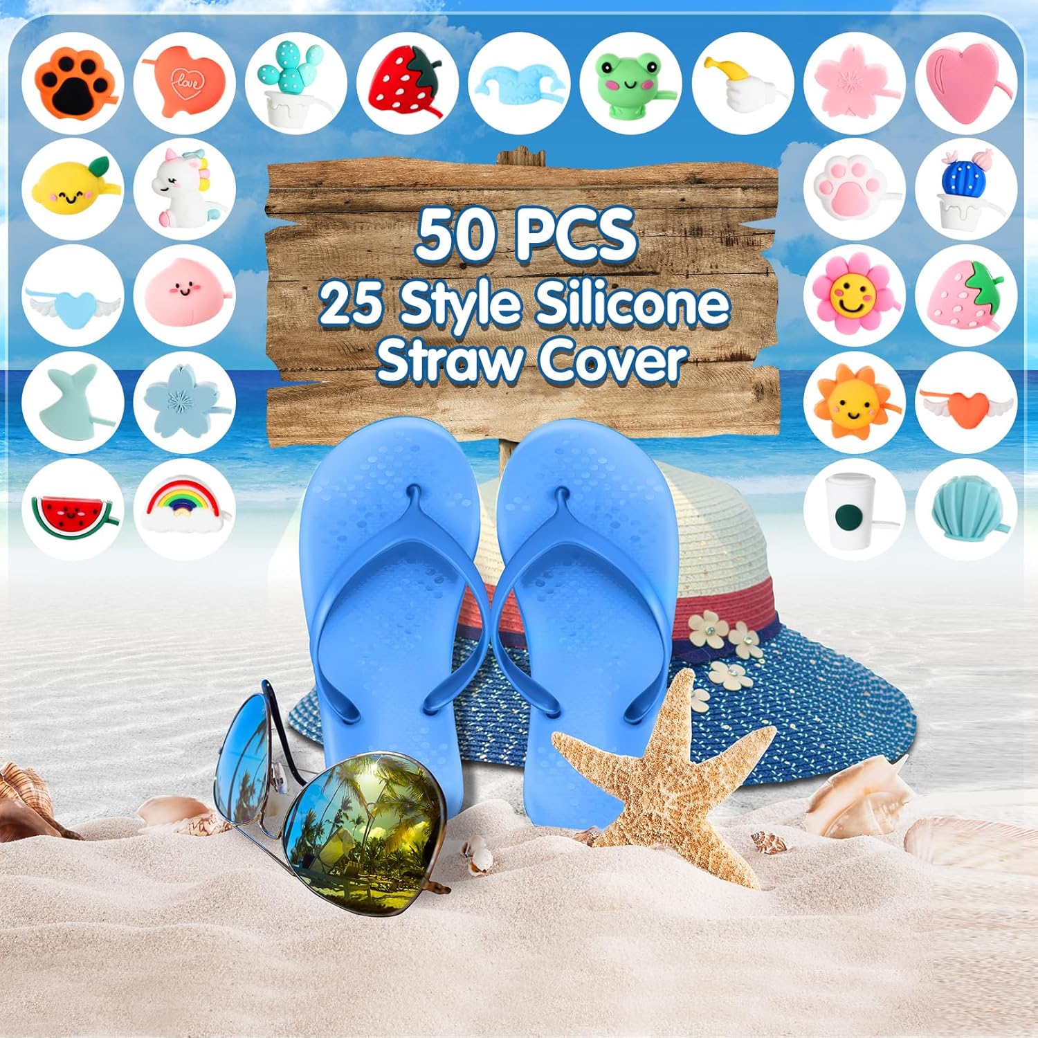 Dandat 50 Pcs Covers Cap Silicone Straw Tips Cover Reusable Cute Drinking Straw Toppers Adorable Dustproof Plugs for 6-8 mm, 25 Patterns - Image 3