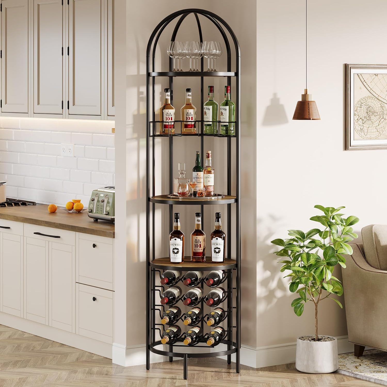 Tribesigns Wine Rack Freestanding Floor, 5-Tier Bar Wine Cabinet with Bottle Holder and Storage Shelf, High Loft Style Metal and Wood Industrial Bar Shelf for Living Room, Small Space (1, Brown)