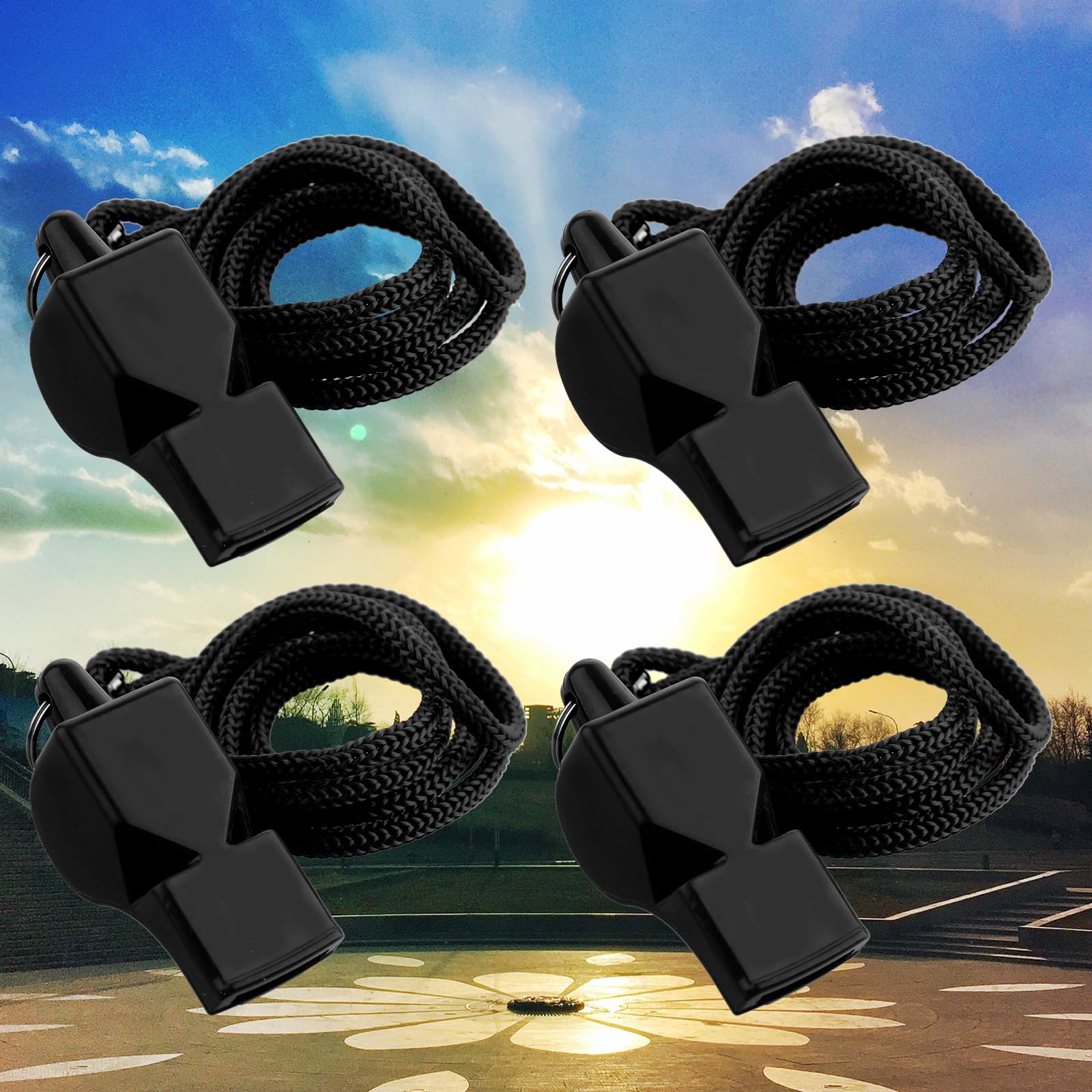 Fischietto Emergenza Nero - 4 Pezzi Con Cordino | Per Sport, Allenatori E Sicurezza Personale