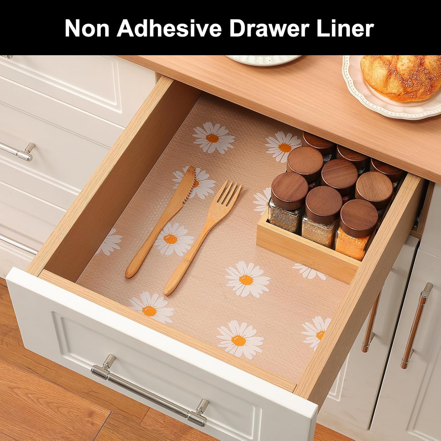 SKYTONE Kitchen Shelf Liner Anti Slip Mat EVA Food Grade Multipurpose Washable Sheet for Fridge, Shelf Liner, Table, Kitchen Drawer Mat - 45 X 300 CM (White Flower) 3
