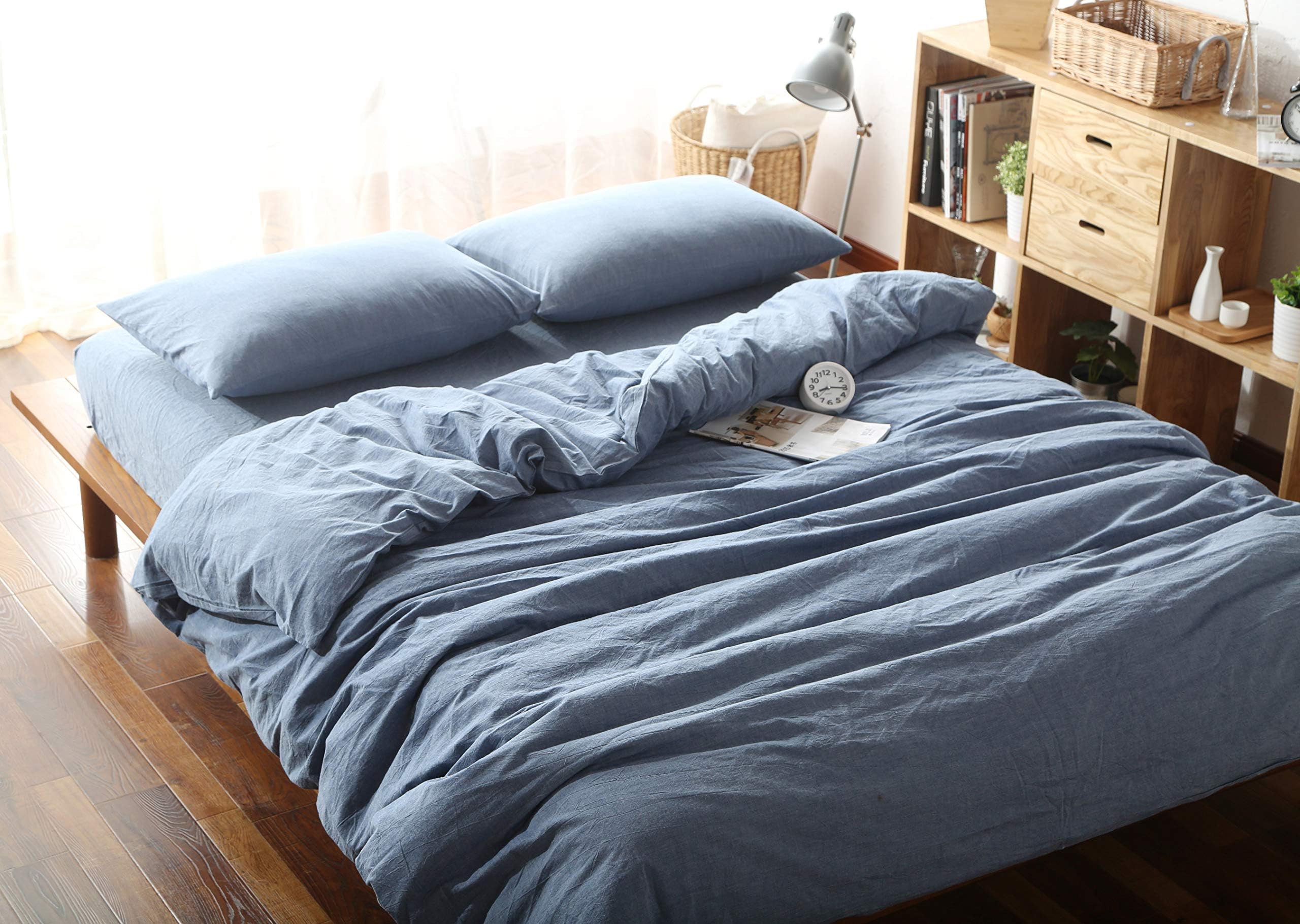 F.Y.Dreams 100% Washed Cotton Duvet Cover for Weighted Blanket 48x72 inches with 16 Ties,Zipper on Long Side/Demin Blue/Just Duvet Cover