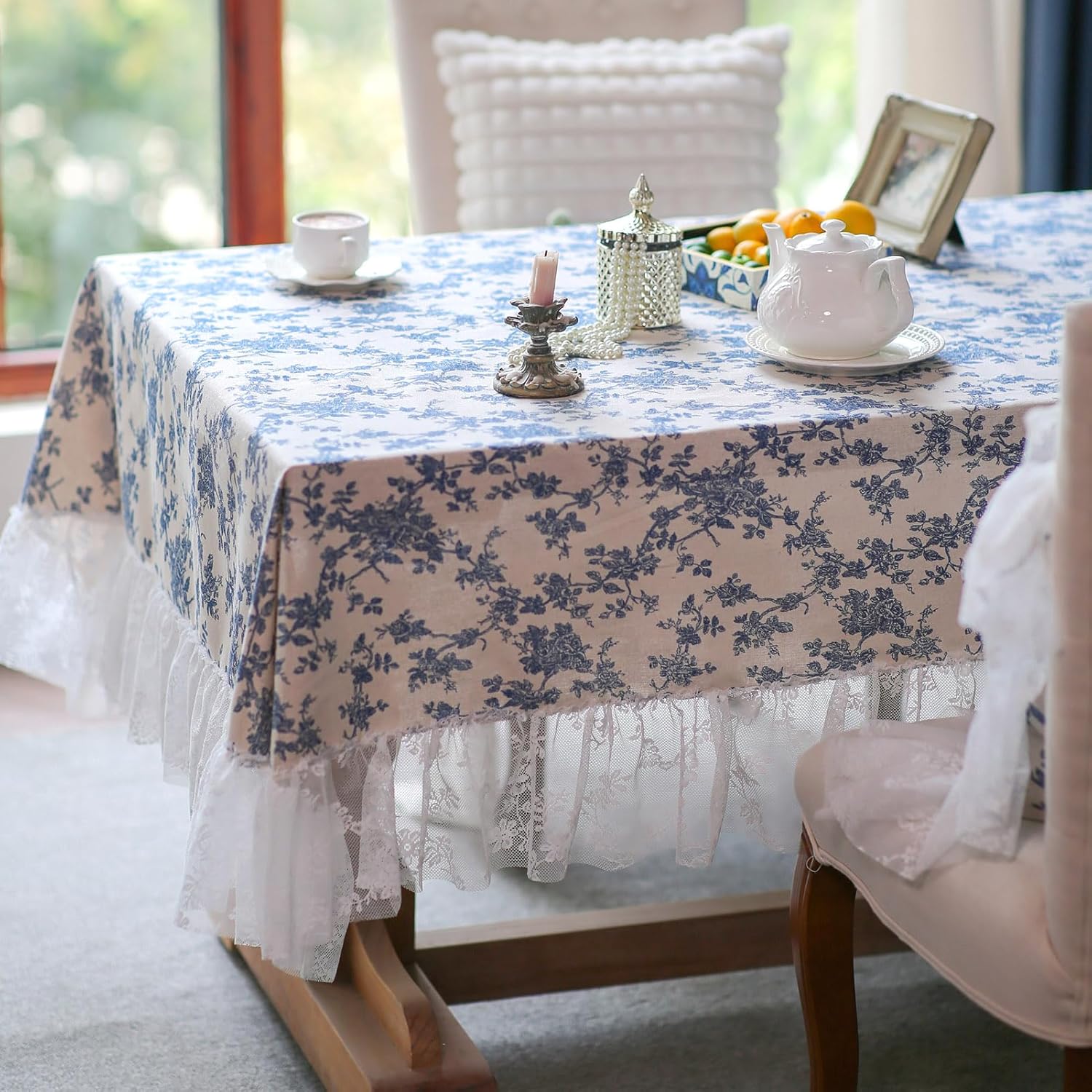 ARTMAGIC Cotton Linen Tablecloth Vintage Blue Floral Pattern Embroidery White Lace Washable Rectangle Table Cloths French Country Decor for Home Holiday Party Picnic (Blue Floral, 60"x120")