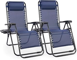 Sweetcrispy Zero Gravity Chairs Set of 2 - Portable Oversized Recliners with Cup Holders, Adjustable Pillows for Beach, Camping, Poolside Relaxation (Blue)