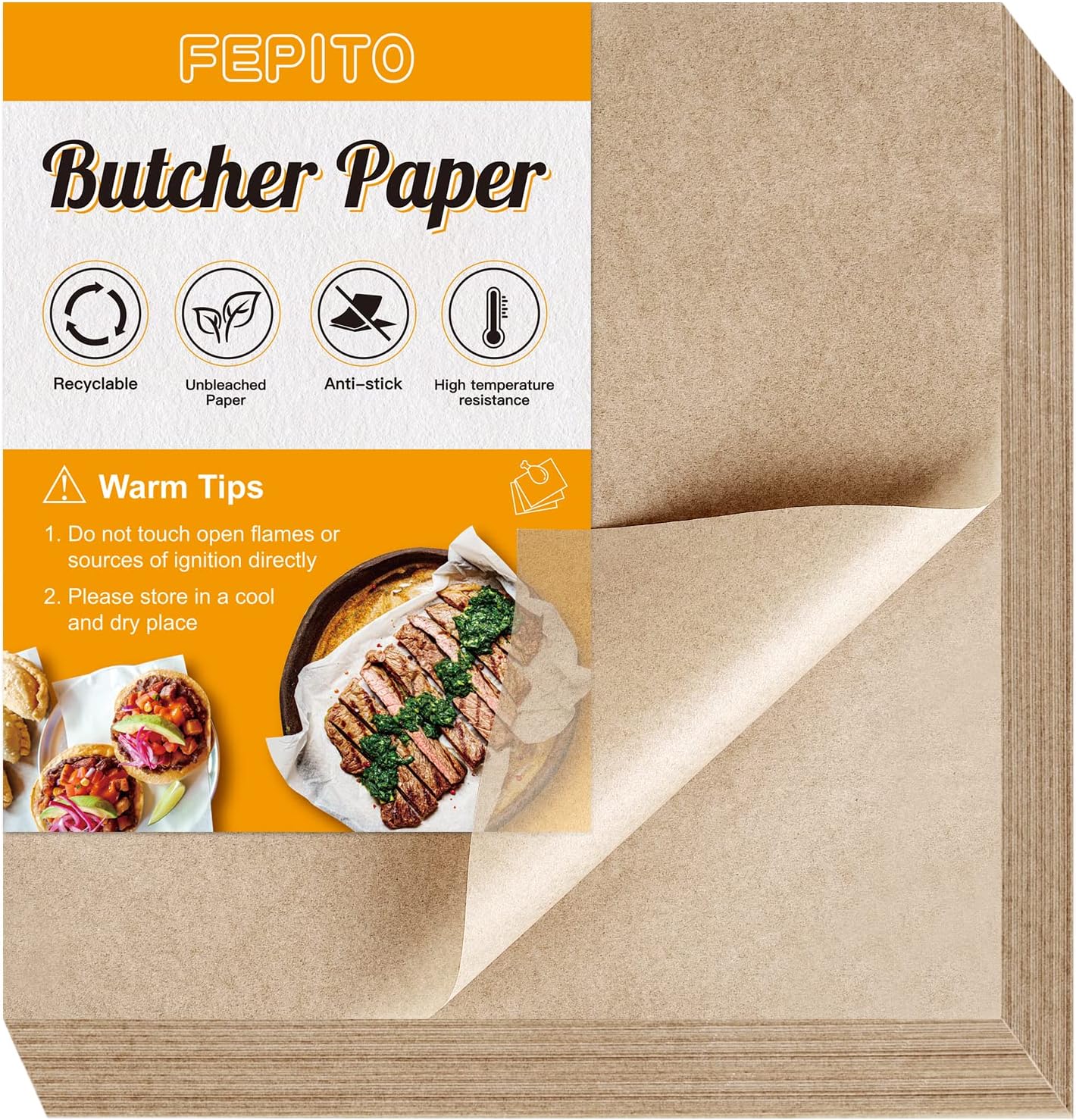 FEPITO 60 Pieces Brown Butcher Paper Square Meat Sheet No Wax Butcher Paper 12 x 12 inch Precut Butcher Paper Disposable Butcher Paper Sheets for Wrapping Meat Sublimation Heat Press
