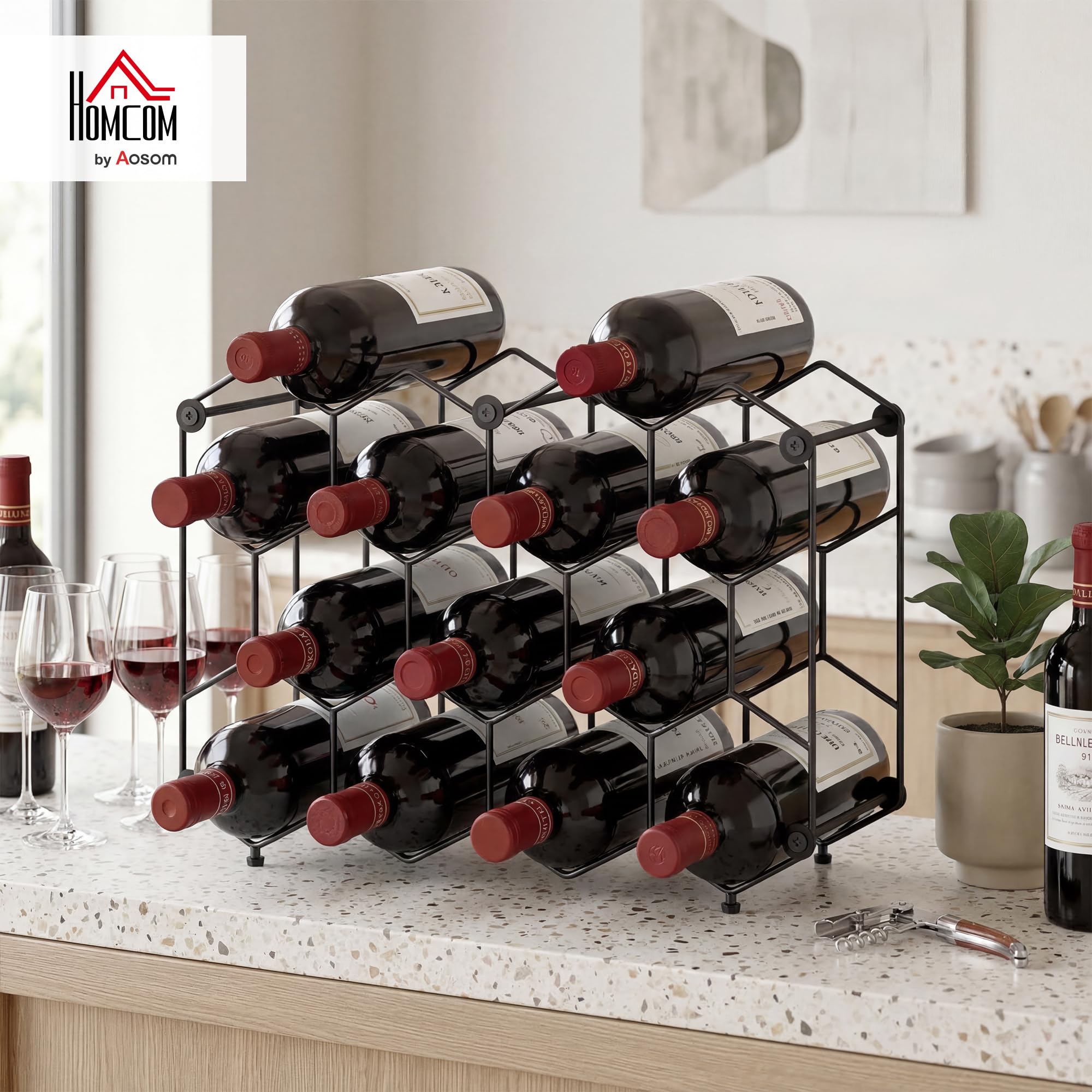 HOMCOM Portabottiglie Design Industriale a Nido d'Ape con Piedini Regolabili e Cinghia Antiribaltamento, Porta Vino per 13 Bottiglie per Cucina, Bar di Casa e Mobiletto, Nero