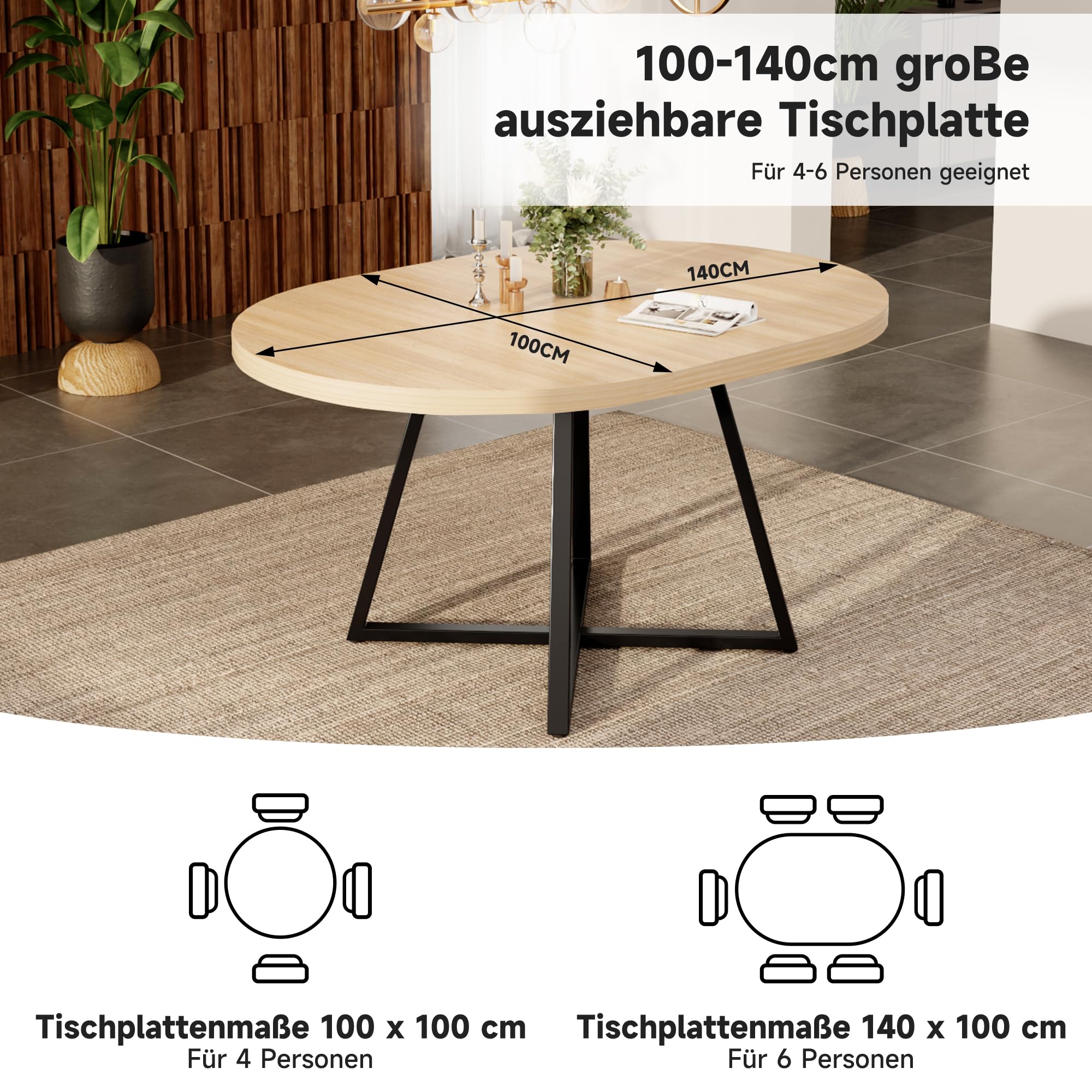 Okrągły wysuwany stół do jadalni 100/140 x 100 cm dla 4-6 osób, blat stołu MDF o grubości 3 cm ze stabilnymi metalowymi nogami, zajmuje mało miejsca do jadalni, kuchni, salonu (wygląd dębu)