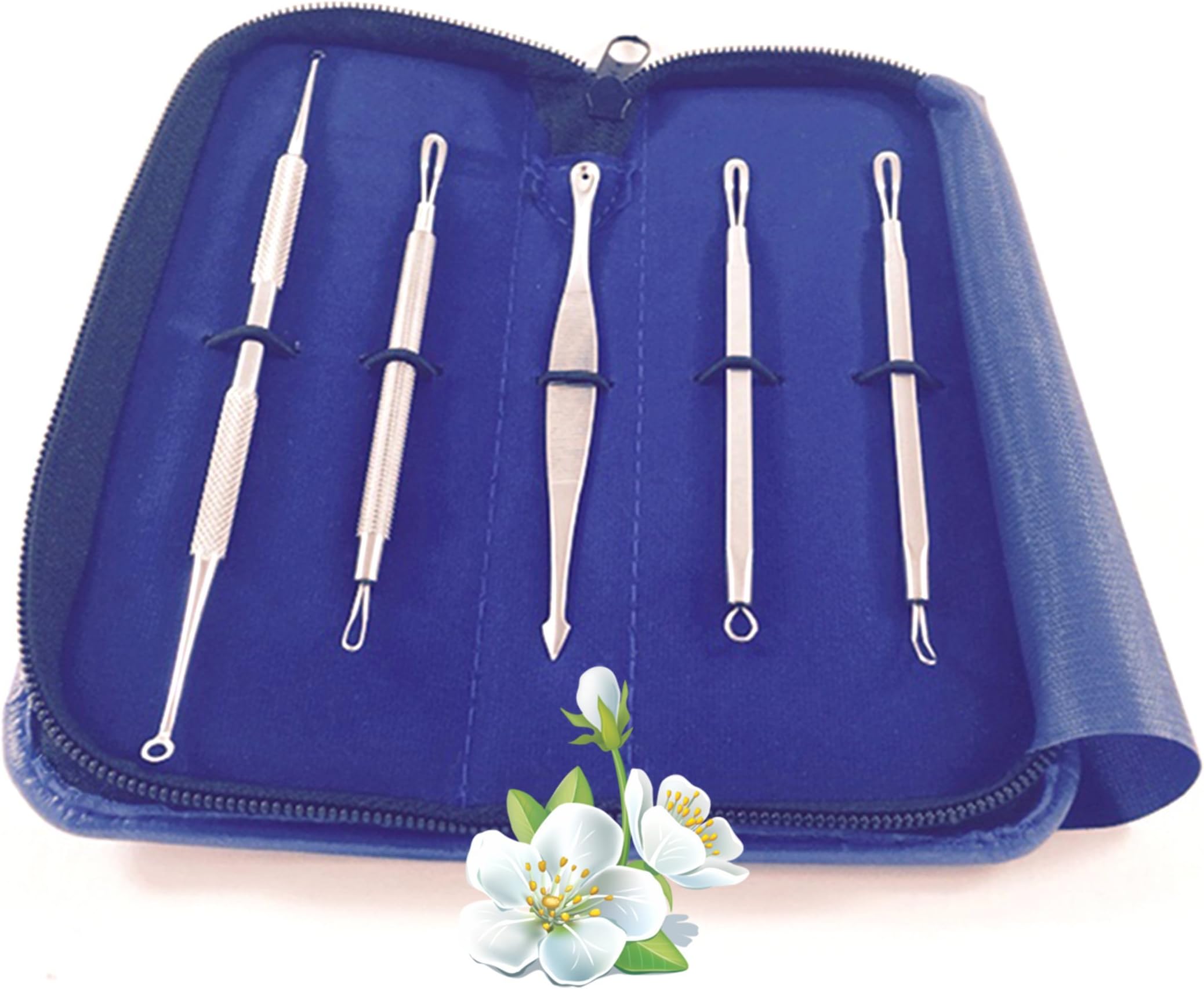 Blackhead Pimple Extractor Device & Remover Popper Facial Blemish Clear Whitehead Comedone Kit Professional, Blue Case with Instructions Acne Treatment Solutions Tools, 5 Piece