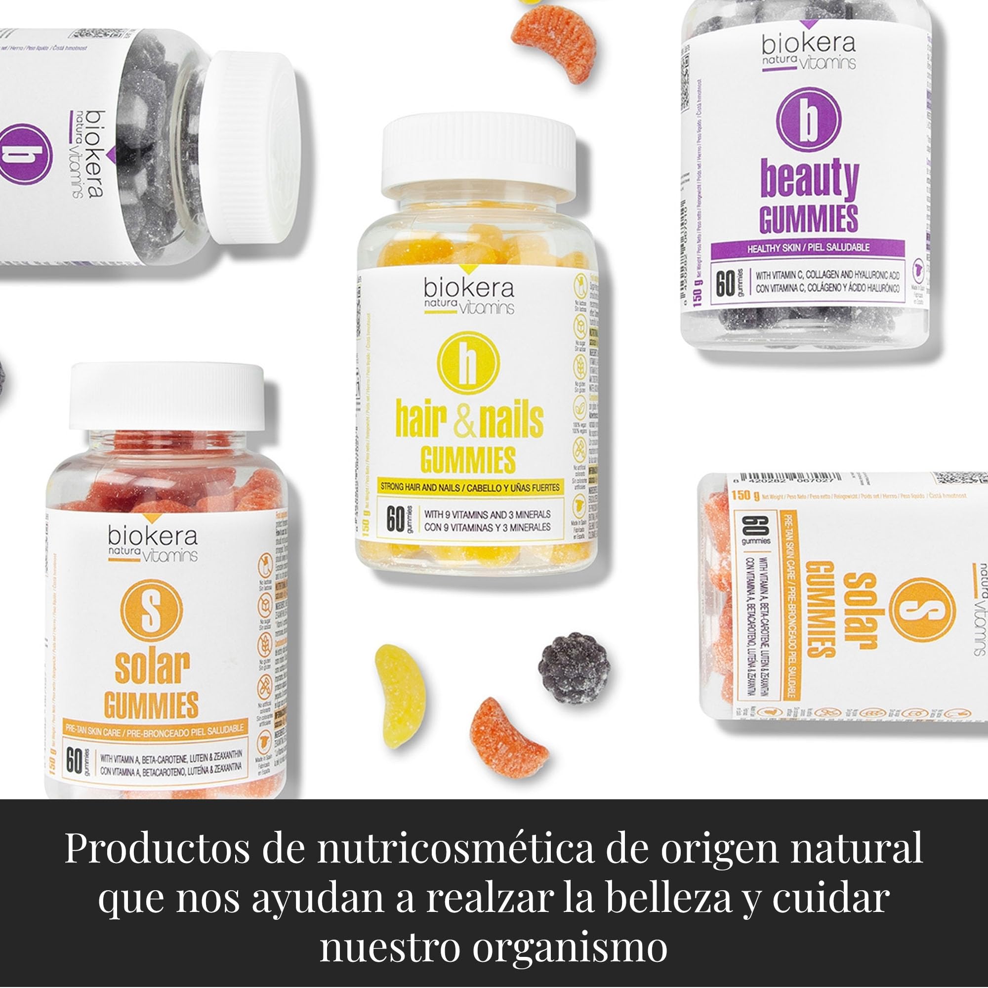 SALERM - Hair & Nails Gummies - Bote de 60 Gominolas - Biokera Natura Vitamins - Gominolas para el Pelo y Uñas - con 9 Vitaminas y 3 Minerales - Sin Lactosa - Sin Gluten - Sabor Plátano