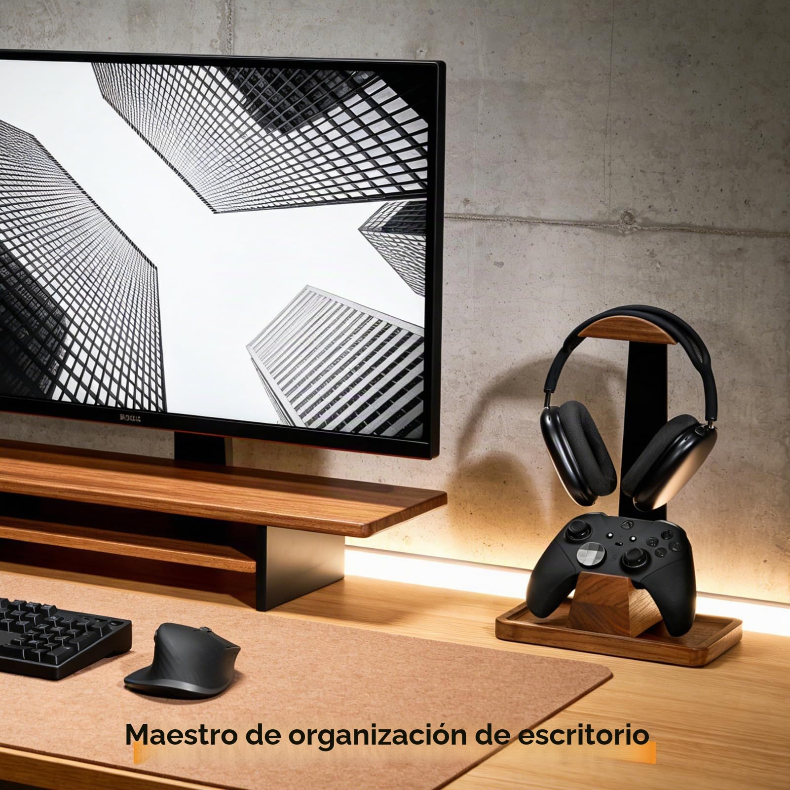Soporte para auriculares y controlador de madera de nogal, soporte de auriculares de madera, organizador de almacenamiento de escritorio, accesorios de escritorio universales compatibles con