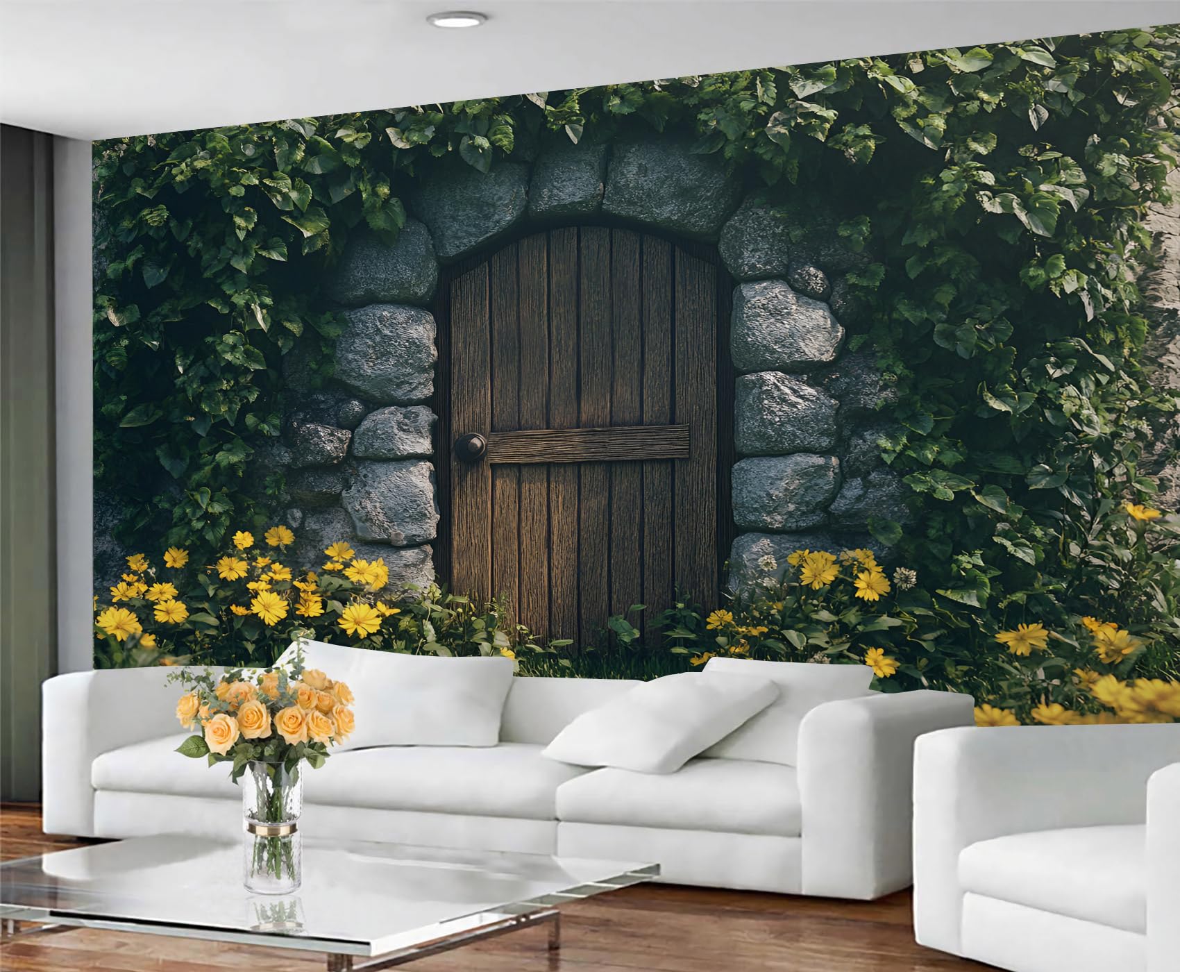 GIVLWF Country Large Mural & Room Decor, Rustic Bedroom Wallpaper, Yellow Florals Wall Paper for Living Room, Non-Self-Adhesive, Murals for Walls