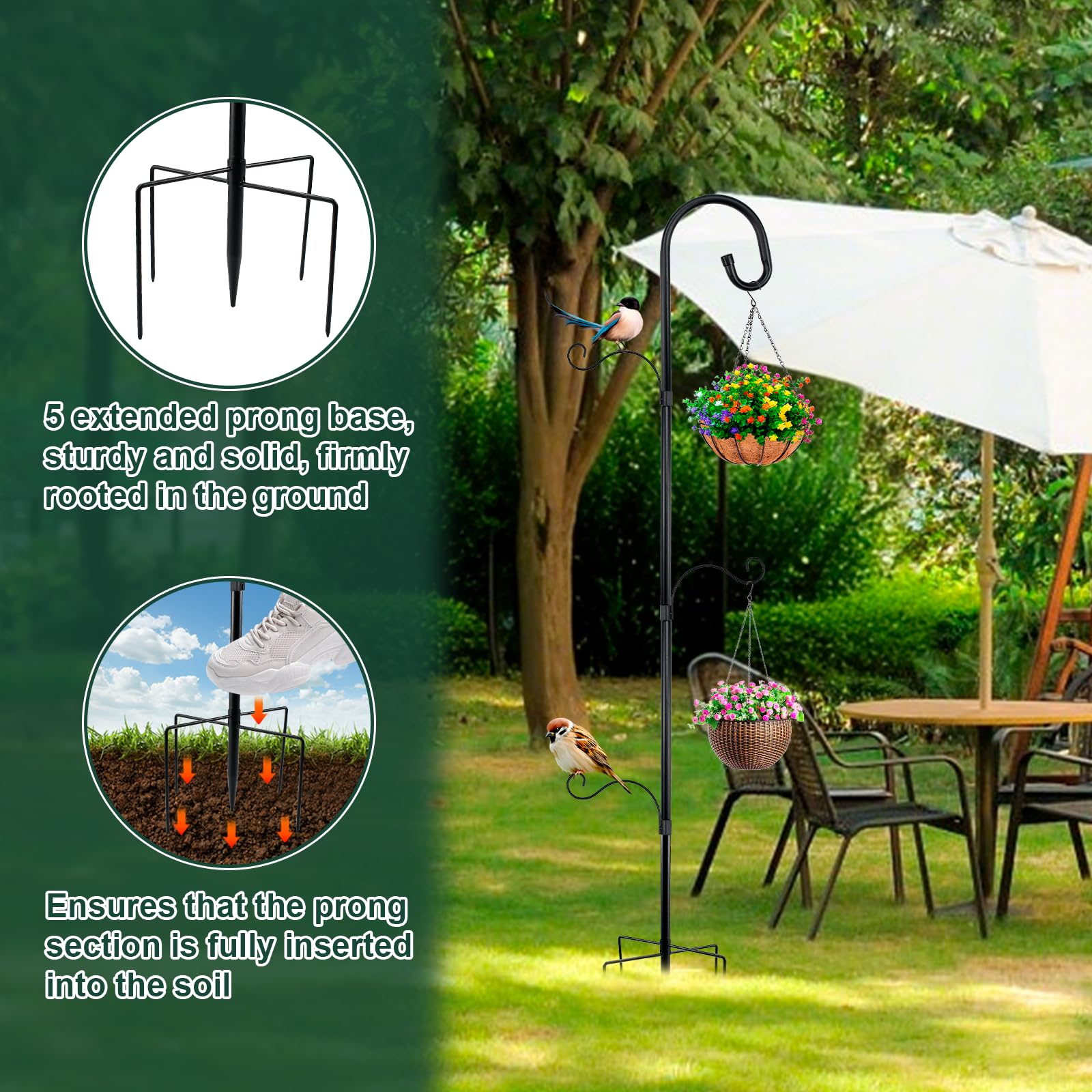 Asta Decorativa Giardino in Metallo, Gancio da Pastore per Esterno, Asta da Giardino Regolabile con 3 Ganci, Supporto Metallico per Piante Pendenti, Mangiatoie Uccelli e Lanterne - 193cm, Nero