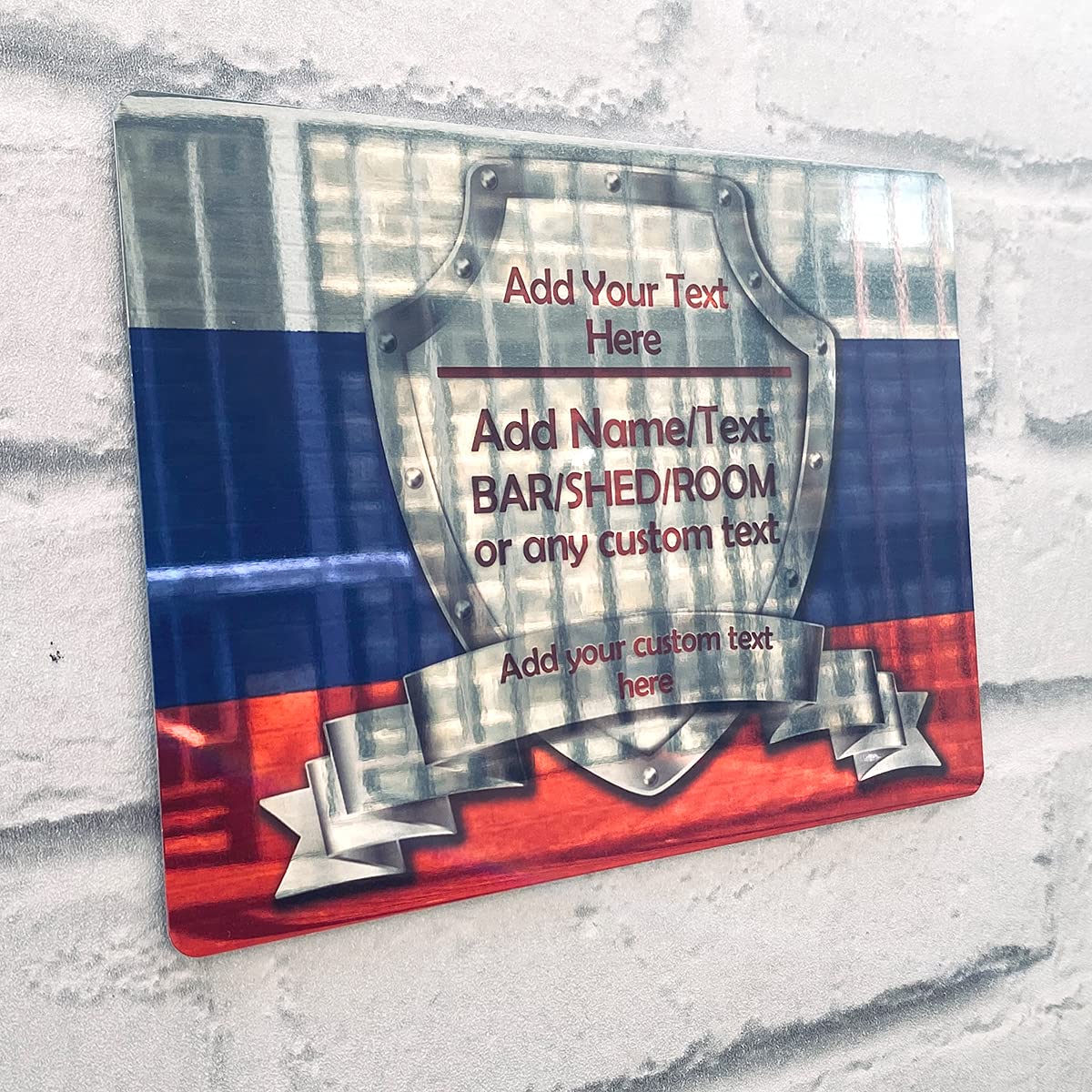 Personalised Mirror Bar Sign - Russia Russian Flag Printed Metal Mirror Sign wall art A5 Bar Add Name (20x14cm)
