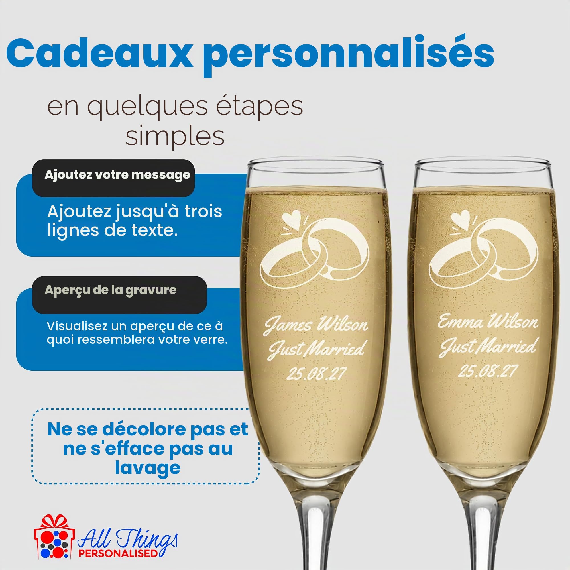 Ensemble de verres à champagne de mariage gravés personnalisés avec n'importe quel message, n'importe quelle date, conception d'alliances, deux verres à champagne personnalisés de 7 oz / 207 ml