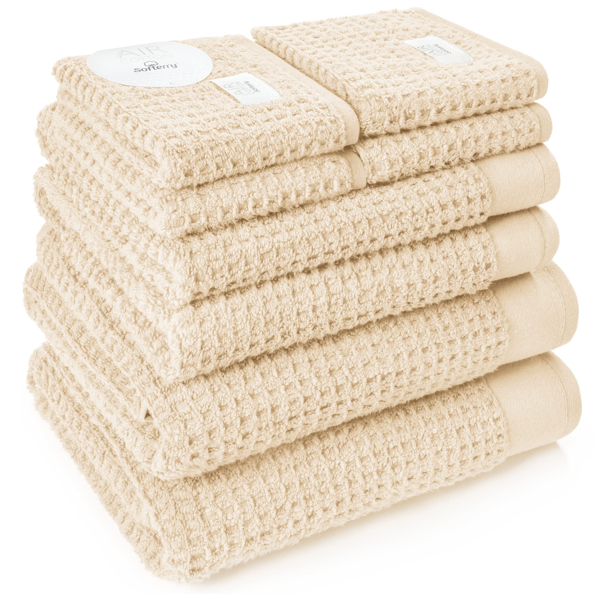 Softerry Waffle Bath Towel Set - 100% Soft Cotton - Plush and Extra Absorbent - Luxury Hotel & Spa Quality - Fade Resistant - Eco-Friendly (Natural,