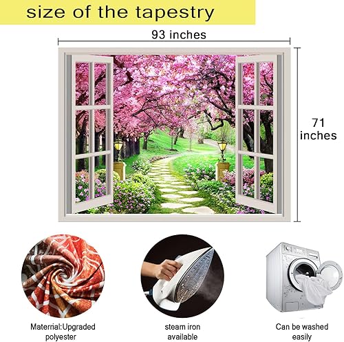 Miniatura 7 de MEETSIOY Tapiz de cerezo japonés rosa de 93 x 71 pulgadas, tapiz de ventana de camino del bosque, floral, paisaje natural, tapiz estético para sala