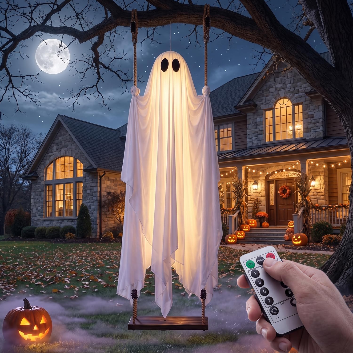 BVOMVEN Halloween Decorations Outdoor, 5 FT Hanging Swing Ghost, ​Weight Capacity 200 lbs​​, Light Up Large Spooky Cute Decor Kit, Scary Party Decoration for Outside, Garden, Yard, Lawn, Home
