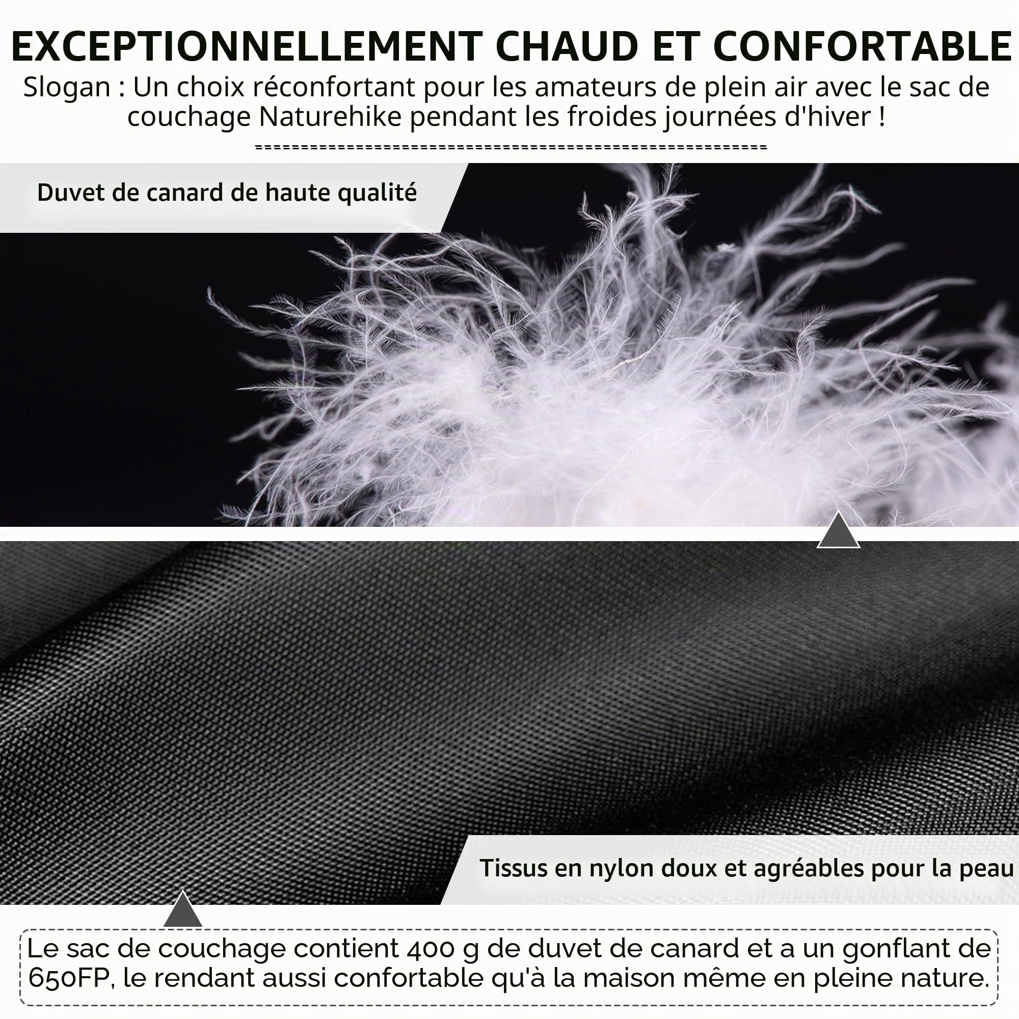 Naturehike Sac de Couchage en Duvet Ultra léger et Portable - Sac de Couchage d'hiver 4 Saisons pour Adultes et Enfants - Camping en Plein air - Randonnée - Voyage avec Sac de Compression 650 FP