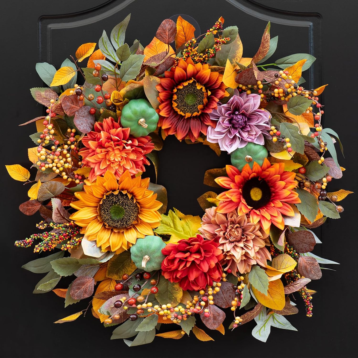 Fall Wreaths for Front Door Outside 24 Inch Large Autumn Wreath with Pumpkins, Sunflowers, Fall Leaves and Berries – Fall Door Wreath for Thanksgiving, Indoor Outdoor Decor