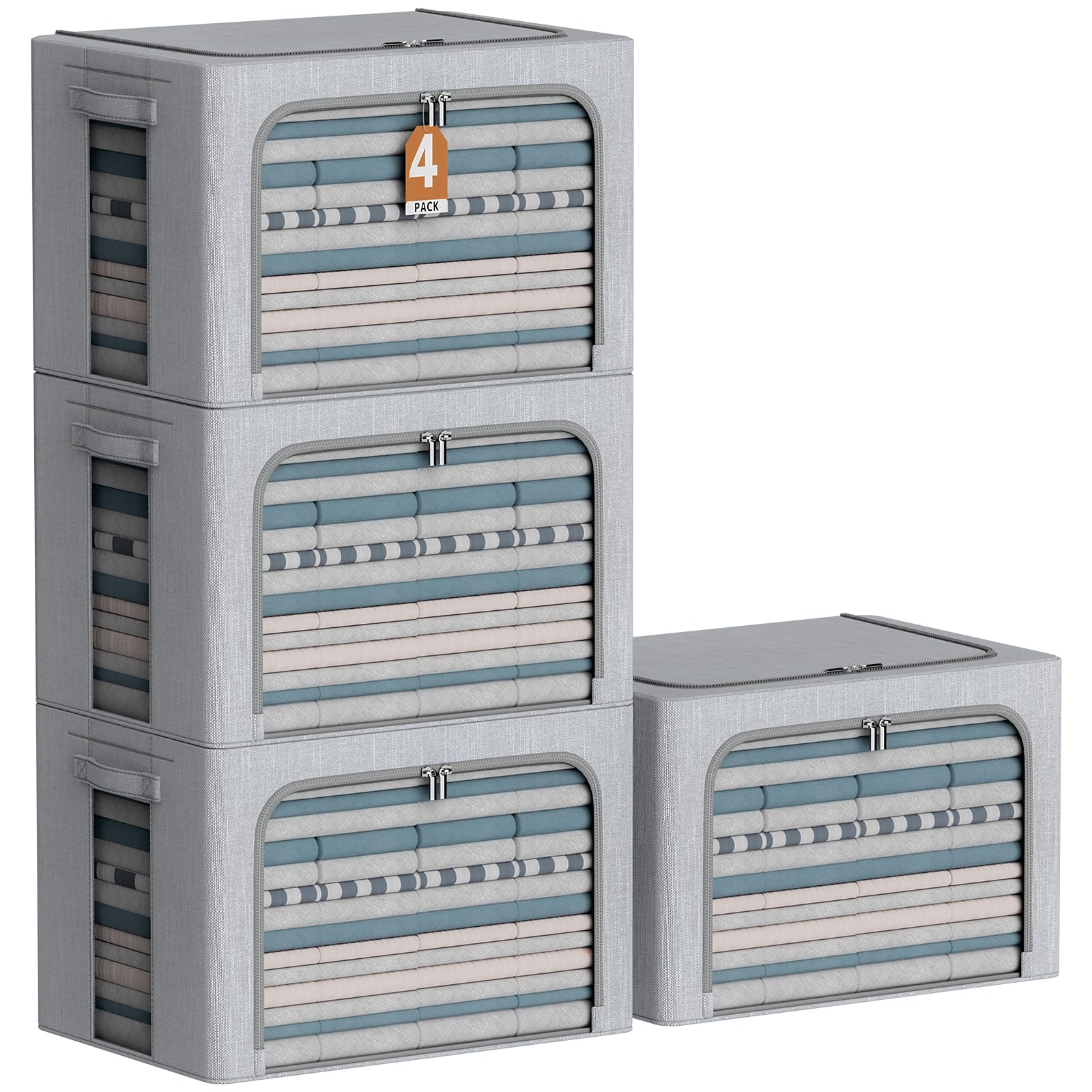 Kleideraufbewahrungsbehälter mit Metallrahmen, Leinenstoff, faltbar, stapelbar, Organizer-Set mit transparentem Fenster, Tragegriffen und Reißverschlüssen, Hellgrau, 59,9 x 41,9 x 39,9 cm, 4 Stück
