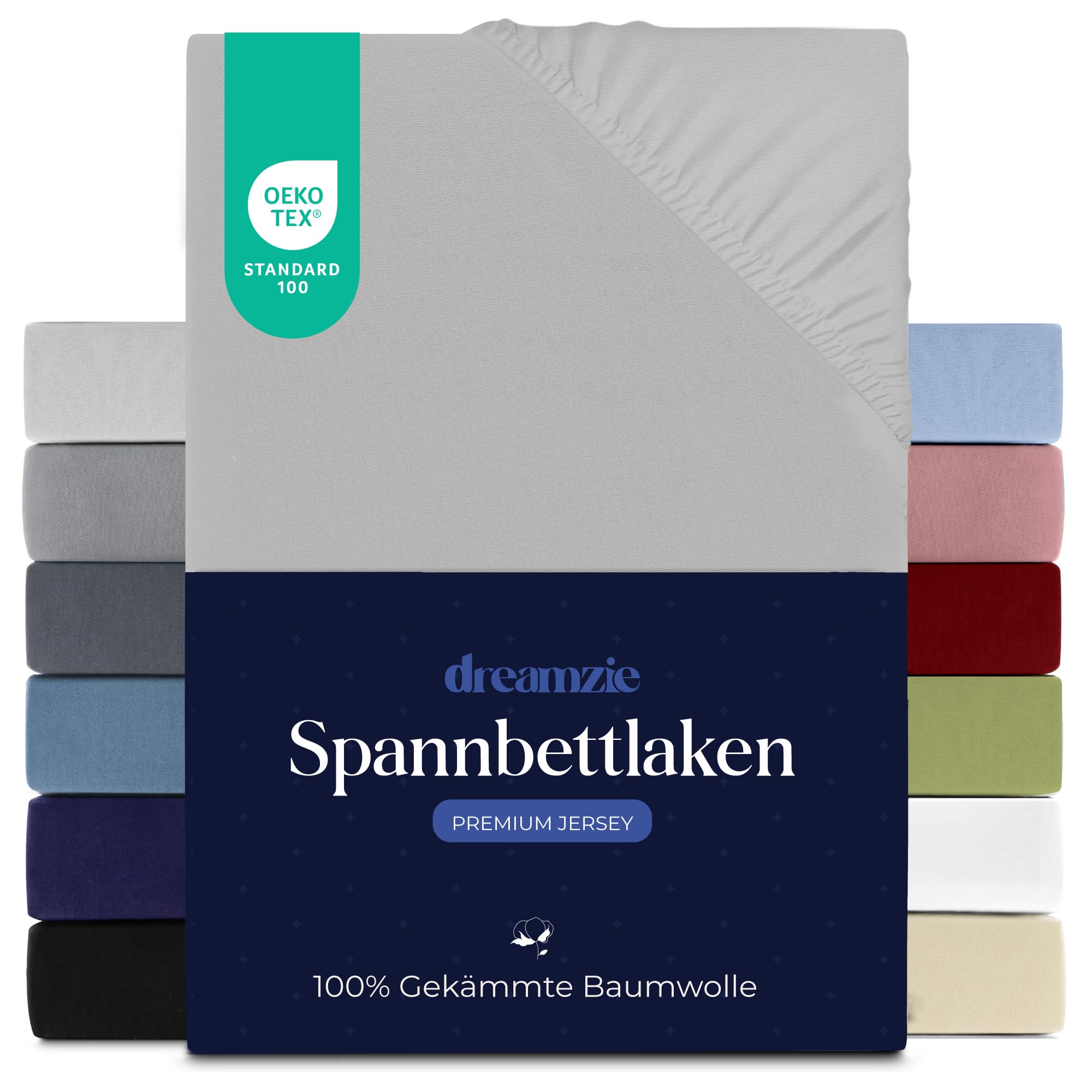 Dreamzie Premium Spannbettlaken 120x200 cm, Spannbetttuch für Dicke Matratzen bis zu 22 cm, Bettlaken 100% Jersey Baumwolle, 150 g/m², Oeko-TEX Zertifiziert - Grau