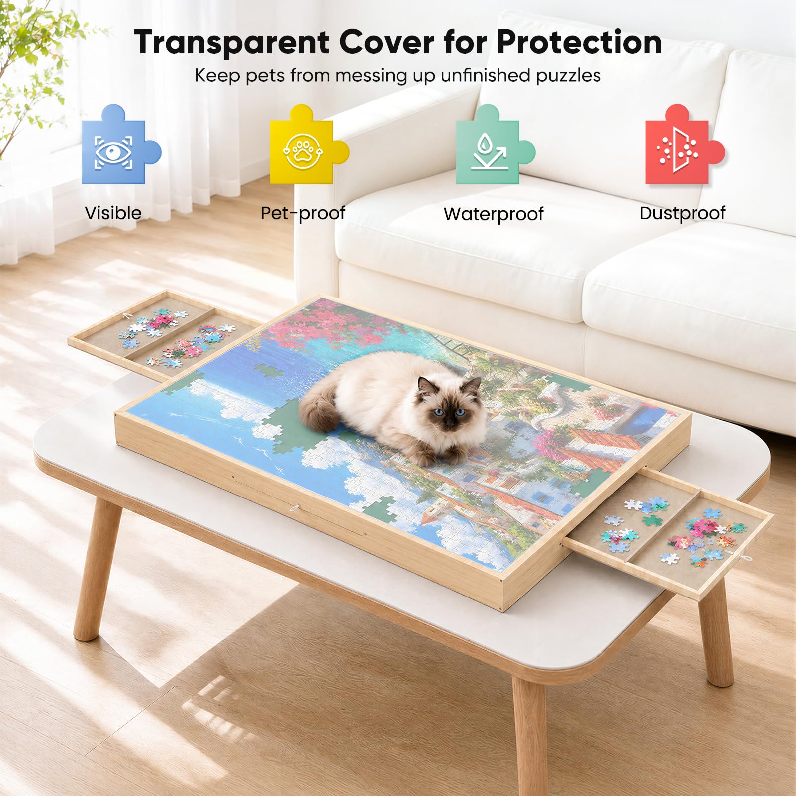 Tavolo Puzzle Portatile con Gambe, 77 x 57cm, in Legno Regolabile con 3 cassetti e Copertura,3 Angoli di inclinazione, Tavolo Puzzle per Adulti（1000 Pezzi ）
