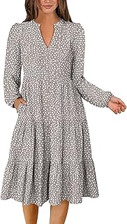 Long Sleeve Midi Dresses for Women V Neck 2025 Fall Fashion Casual Loose Fit Flowy Swing Tiered Vacation Boho Dress