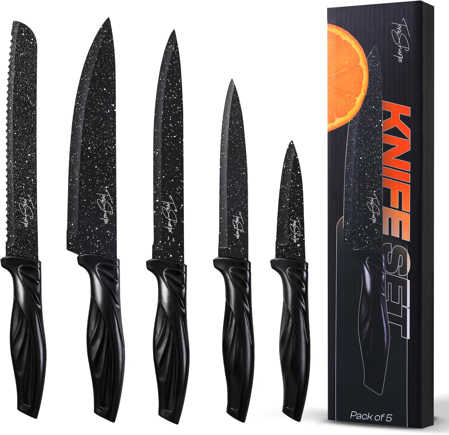 Kitchen Knife Set of 5 Black Dotted Knives with Ergonomic Handle - Stainless Steel Chef, Carving, Bread, Utility and Paring Knife for Cooking and Baking