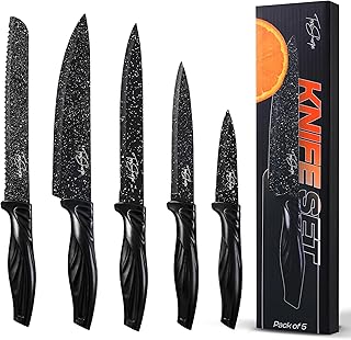 Kitchen Knife Set of 5 Black Dotted Knives with Ergonomic Handle - Stainless Steel Chef, Carving, Bread, Utility and Paring Knife for Cooking and Baking