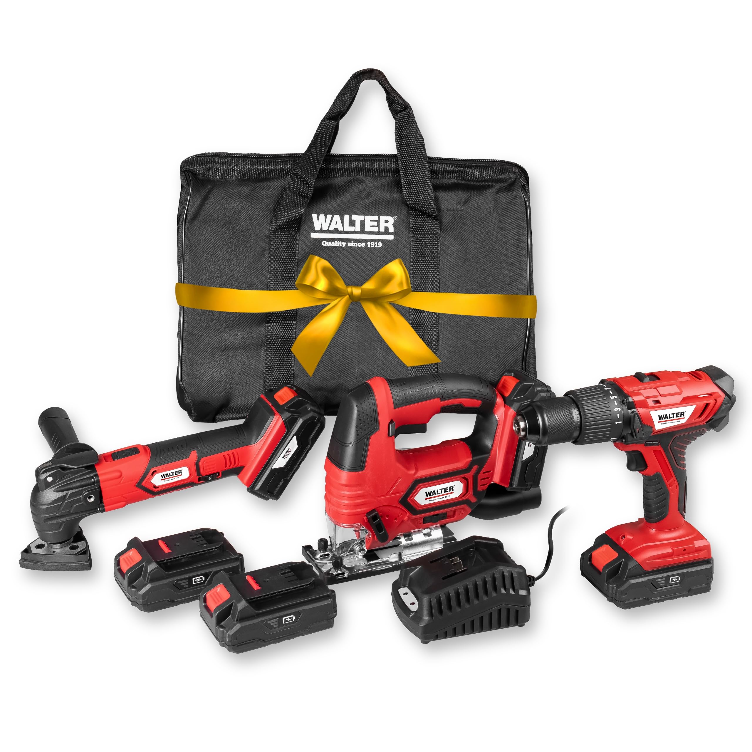 WALTER Geschenke Werkzeugset 7tlg Akku, Geschenk für Männer und Heimwerker, Haushalts-Elektrowerkzeug, Akku Stichsäge, Bohrschrauber und Multifunktionswerkzeug, inkl. Ladegerät und 2 Akkus