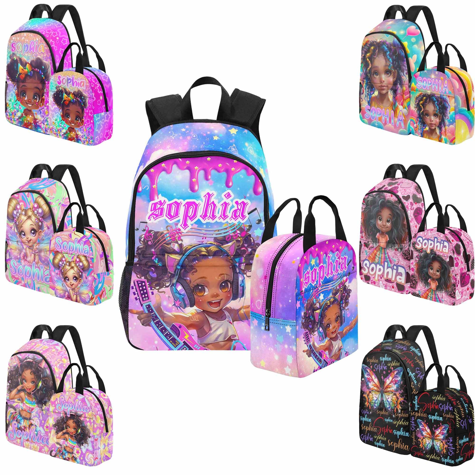 Custom Backpack for Black Girls Personalized Kid Princess Backpack Daypacks and Lunch Box Set with Name for School Kindergarten Custom Back to School