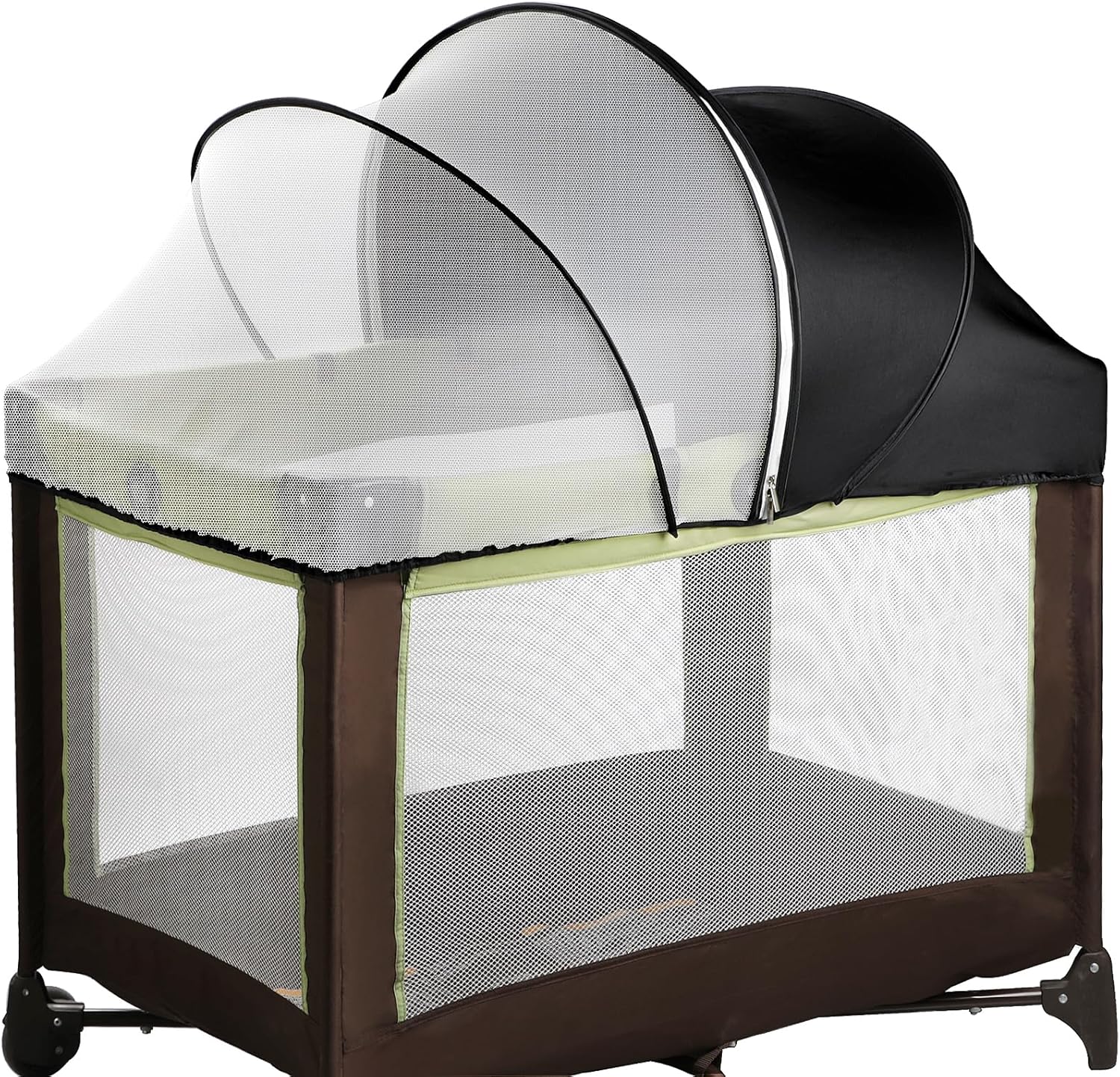 Pack N Play Tent Cover - Half-Blackout Mosquito Net for Crib & Playpen, Baby Bassinet Cover for Cats with 2-Way Zipper, Sun-Blocking Bug Net for Travel Crib (Black-Large)