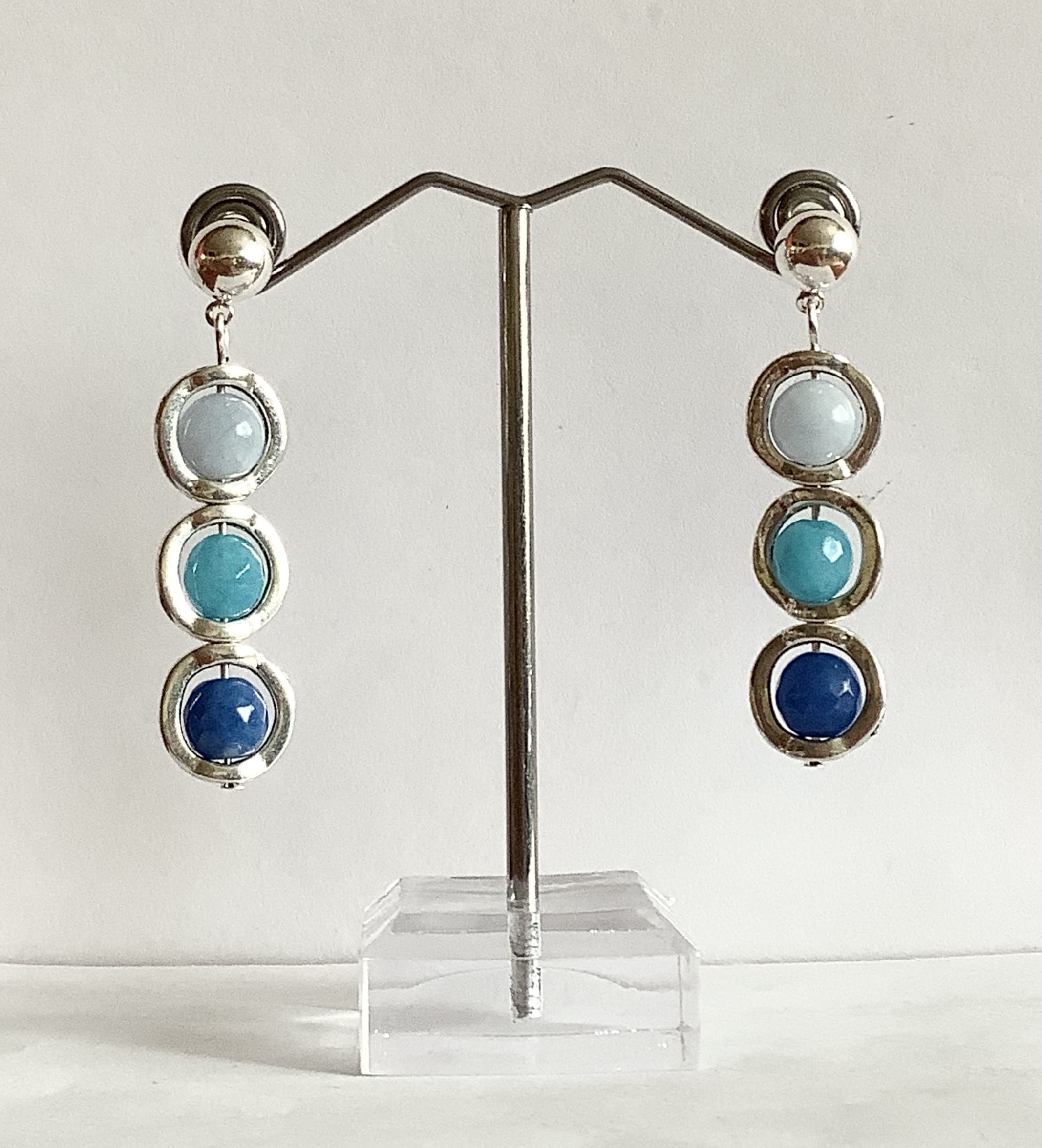 Pendientes Colgantes Aros con Piedras Naturales Ágatas Azul y Turquesa en Zamak color plata