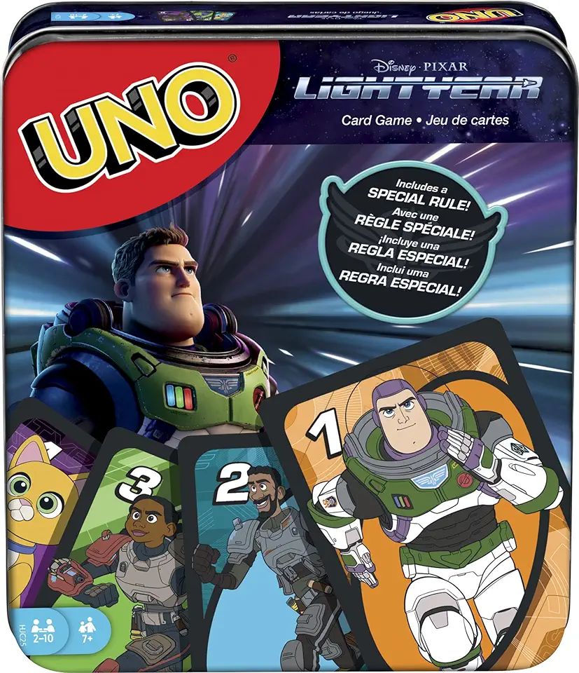 Mattel Games UNO Disney and Pixar Lightyear Card Game in Collectible Storage Tin, Movie-Themed Deck for Kids, Adults, Families &amp; Parties, 2 to 10 Players