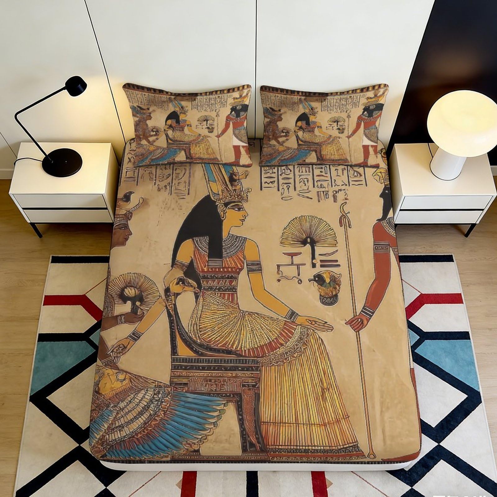 3D Printed Egyptian Goddess Fitted Sheet Microfiber Soft Breathable Ancient Pharaoh Bed Cover for Bedroom Decor 90x200x25cm