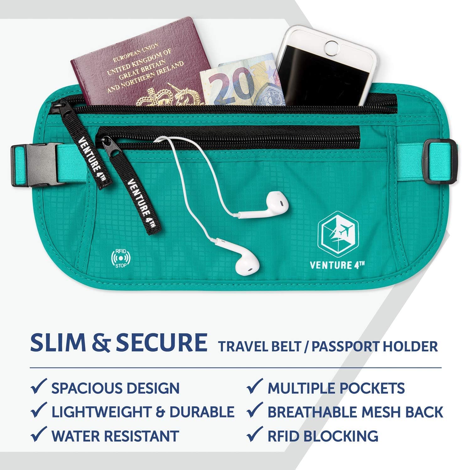 VENTURE 4TH Money Belt for Travel – Hidden Under-Clothes RFID Blocking Passport Holder & Slim Travel Wallet Pouch for Men & Women to Protect Cash, Cards & Documents (Turquoise) - Image 3