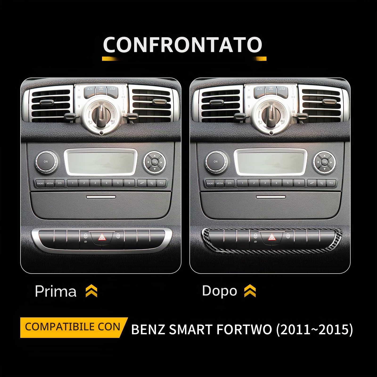KUNGKIC Fibra di carbonio per auto pannello di controllo centrale aria adesivo decorativo compatibile con Mercedes Benz Smart 451 Fortwo 2011–2015 accessorio cornice per tasti di avvertimento (nero)
