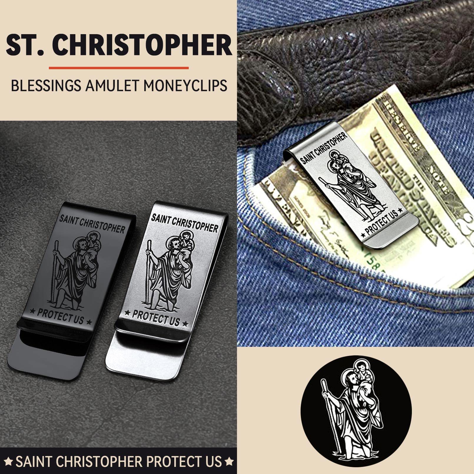 FaithHeart Pince à Billets Saint Christophe Homme Bijoux Religieux Money Clip en Acier Inoxydable