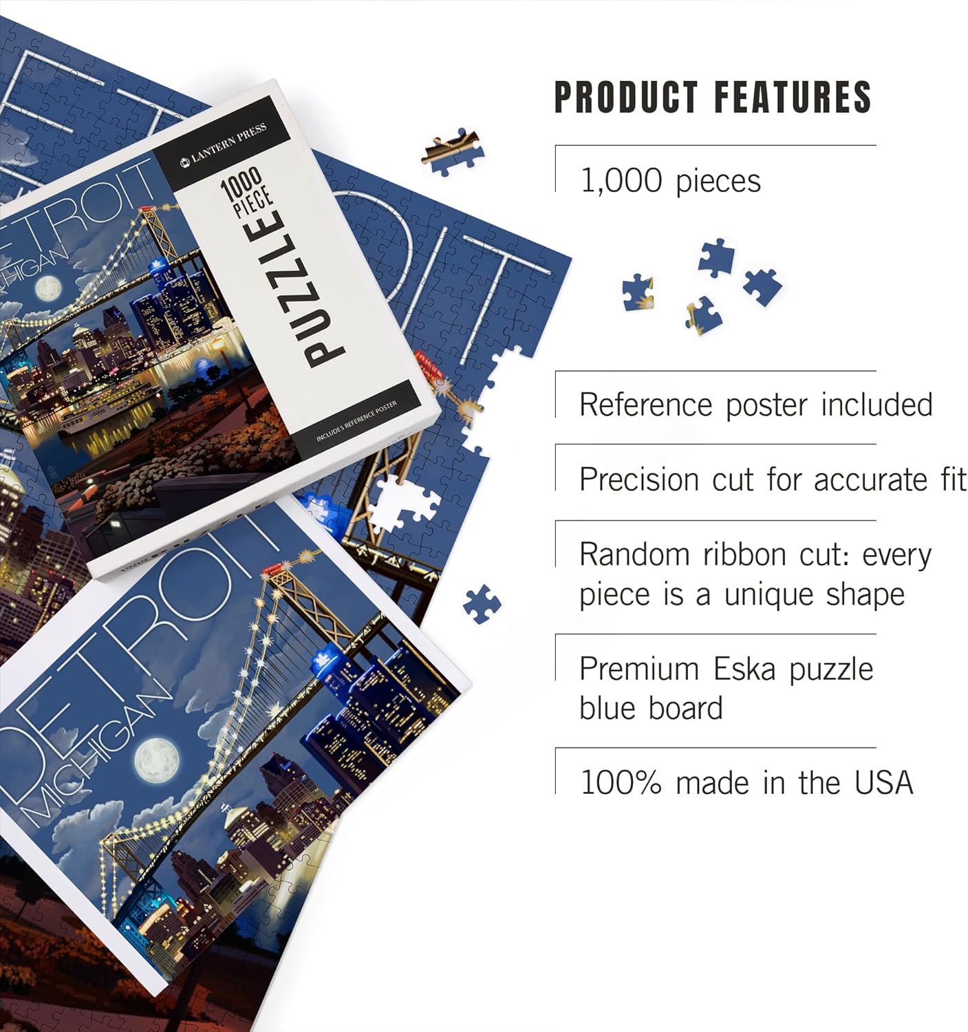 Detroit, Michigan, Skyline at Night (1000 Piece Puzzle, Challenging Jigsaw Puzzle for Adults, Made in USA)