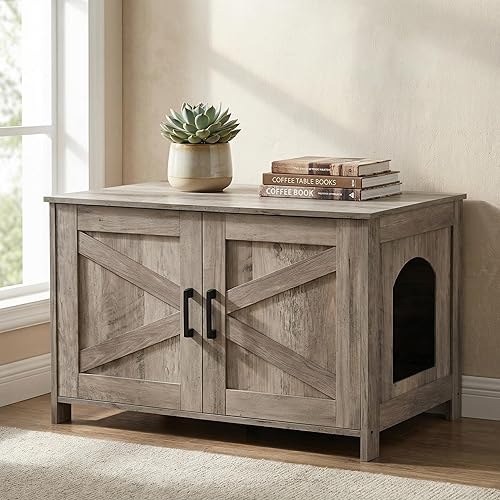 Miniatura 9 de Homhedy Caja de Arena para Gatos con Cerramiento, Muebles de Madera para Baño para Gatos con Puerta de Granero, Casa para Mascotas, Se Adapta a