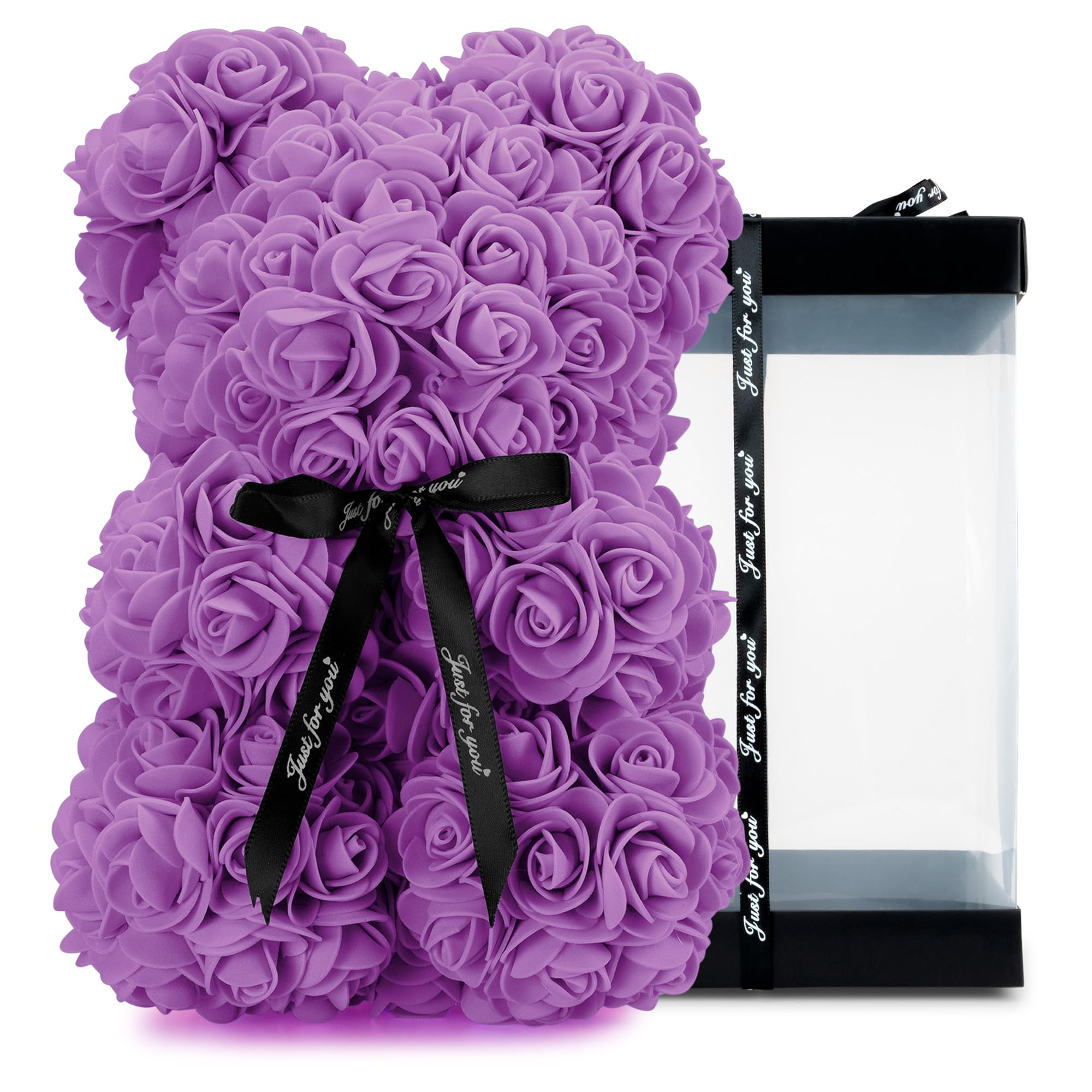 Tanness Women's Purple 25Cm Rose Bear With Transparent Gift Box & Black Ribbon, Rose Petals Teddy Bear Presents For Artificial Flowers Rose Bear Valentines Gifts For Her - Gifts For Girlfriend (Purple)