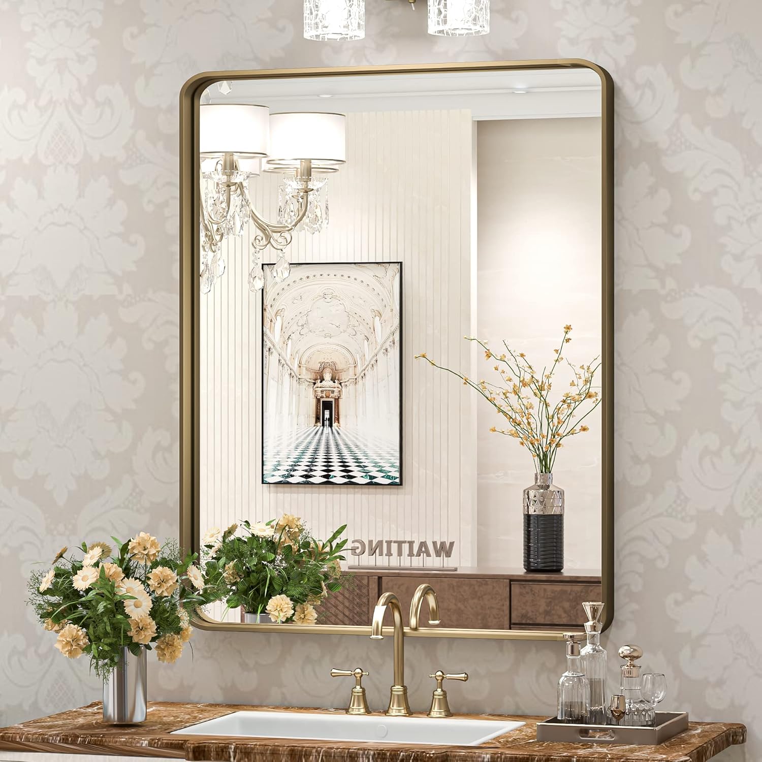 TokeShimi 24x32 Inch Bronze Bathroom Wall Mirror Farmhouse Mirror with Non-Rusting Aluminum Alloy Brushed Metal Frame for Modern Farmhouse Bedroom Living Room Decor (Horizontal/Vertical) 32×24IN Bronze
