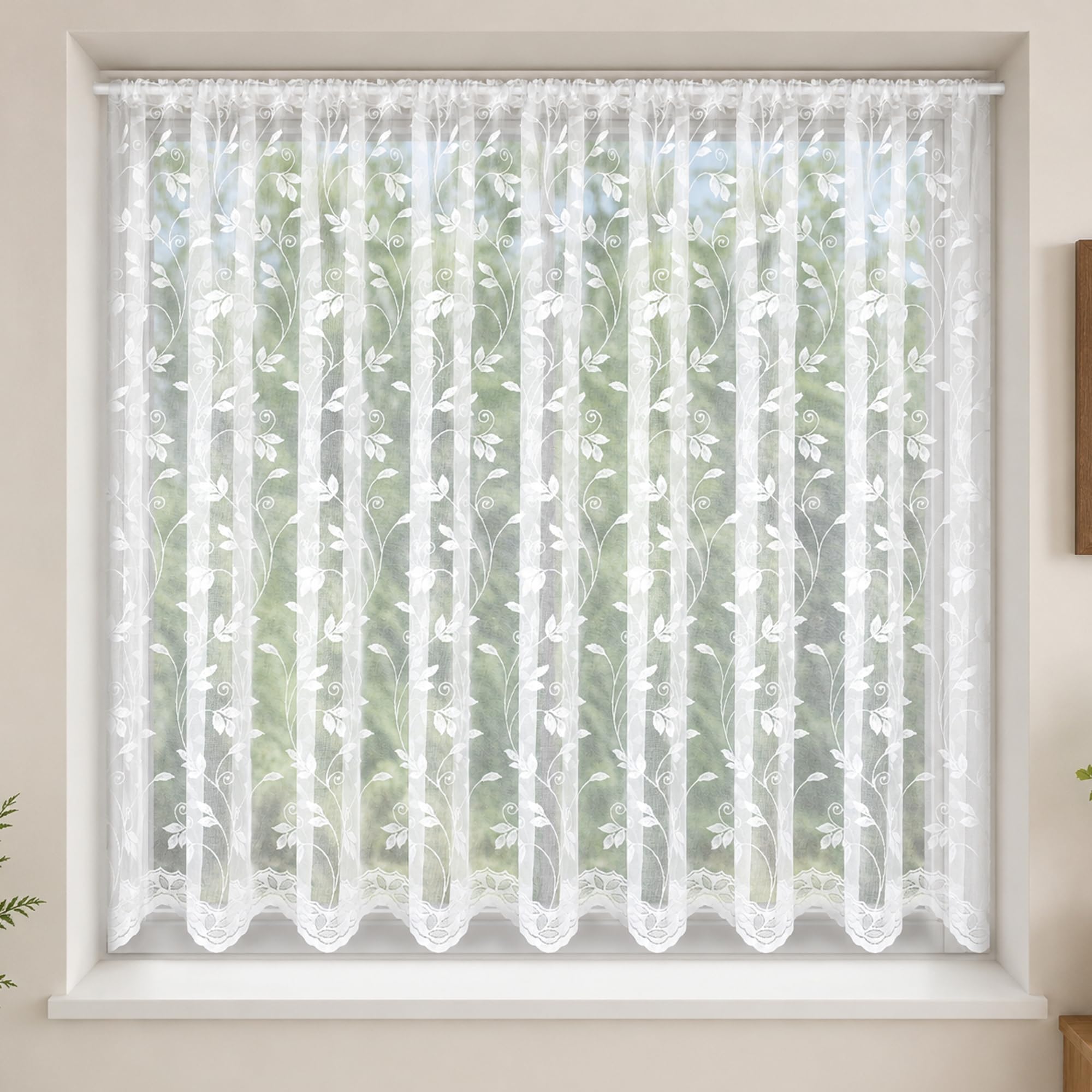 4 Metres Wide x 36" (91cm) Drop - Floriana White Trailing Vine Lace Net Curtain - Slot Top Panel - Decorative All-Over Design - Scalloped Hem - Panel By The Metre