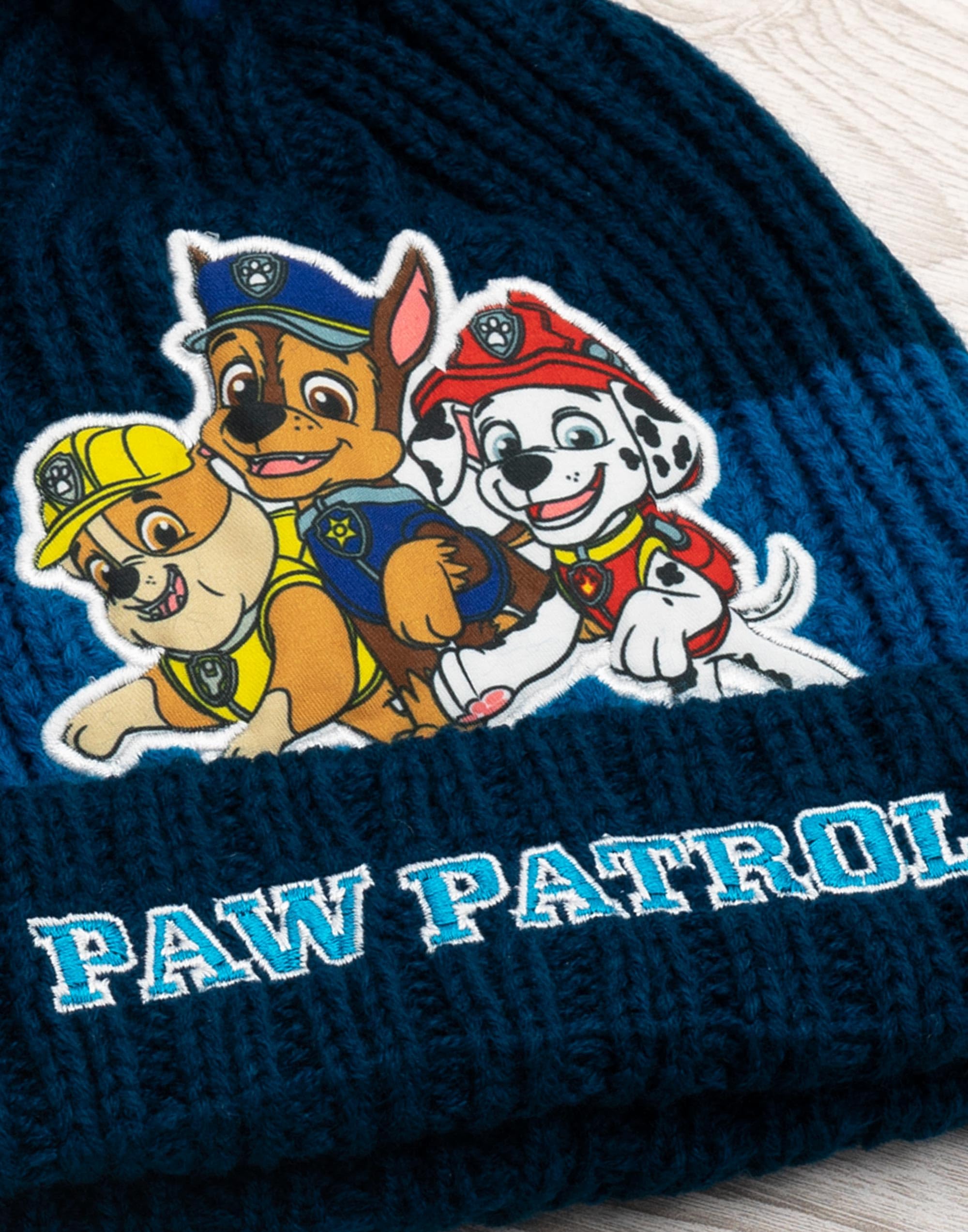 Paw Patrol Ensemble Bonnet & Gants pour Garçons | Ensemble Hiver Tricoté avec Graphiques de Chase, Rumble & Marshall pour Enfants | Bonnet d'Hiver Bleu avec Pompon et Gants Taille Unique
