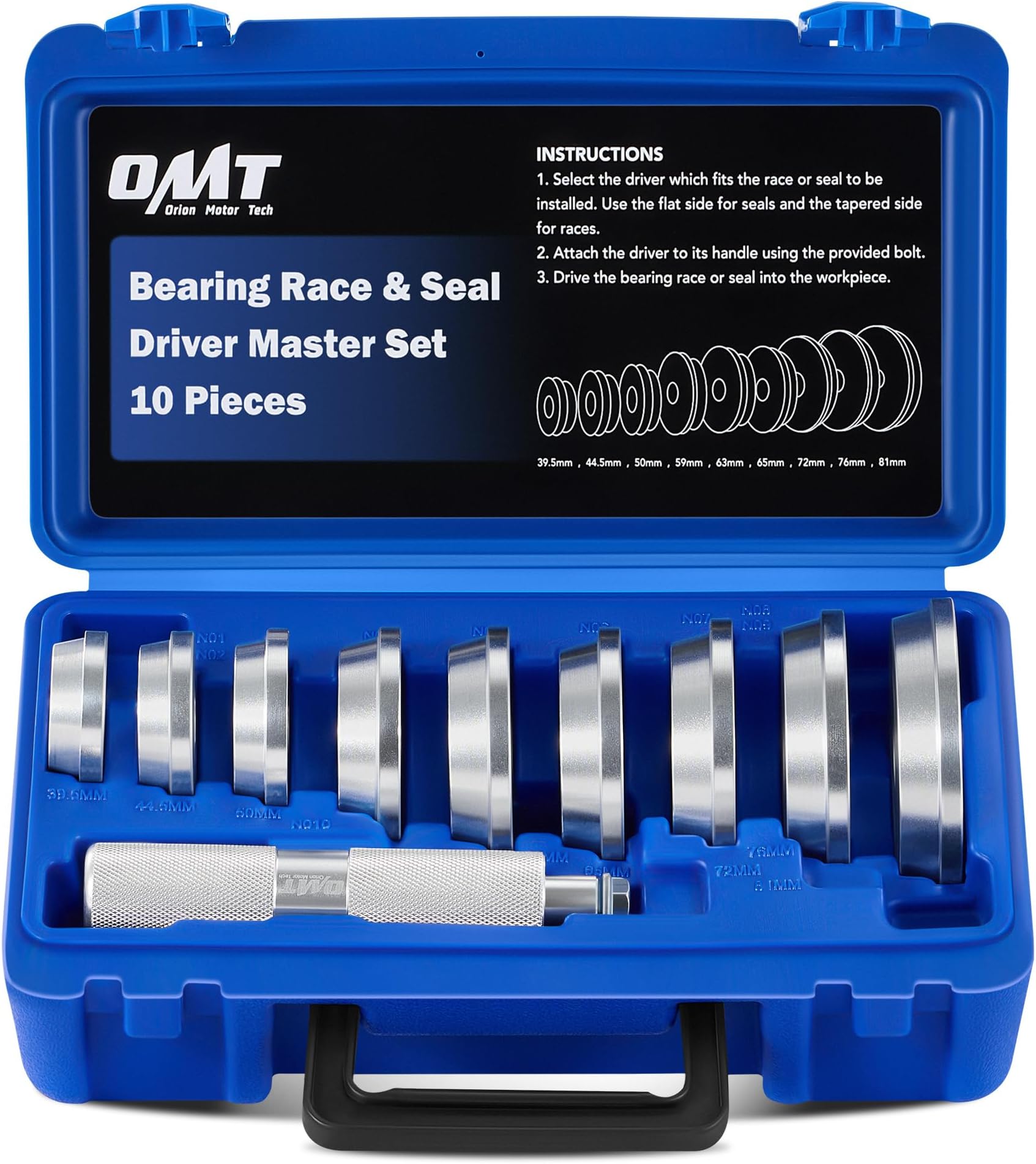 Orion Motor Tech Bearing Press Kit, 10pc Bearing Race and Seal Driver Set with Seal Driver and 9 Bearing Adapters, Seal Installer Bearing Driver Kit for Bearing Installation