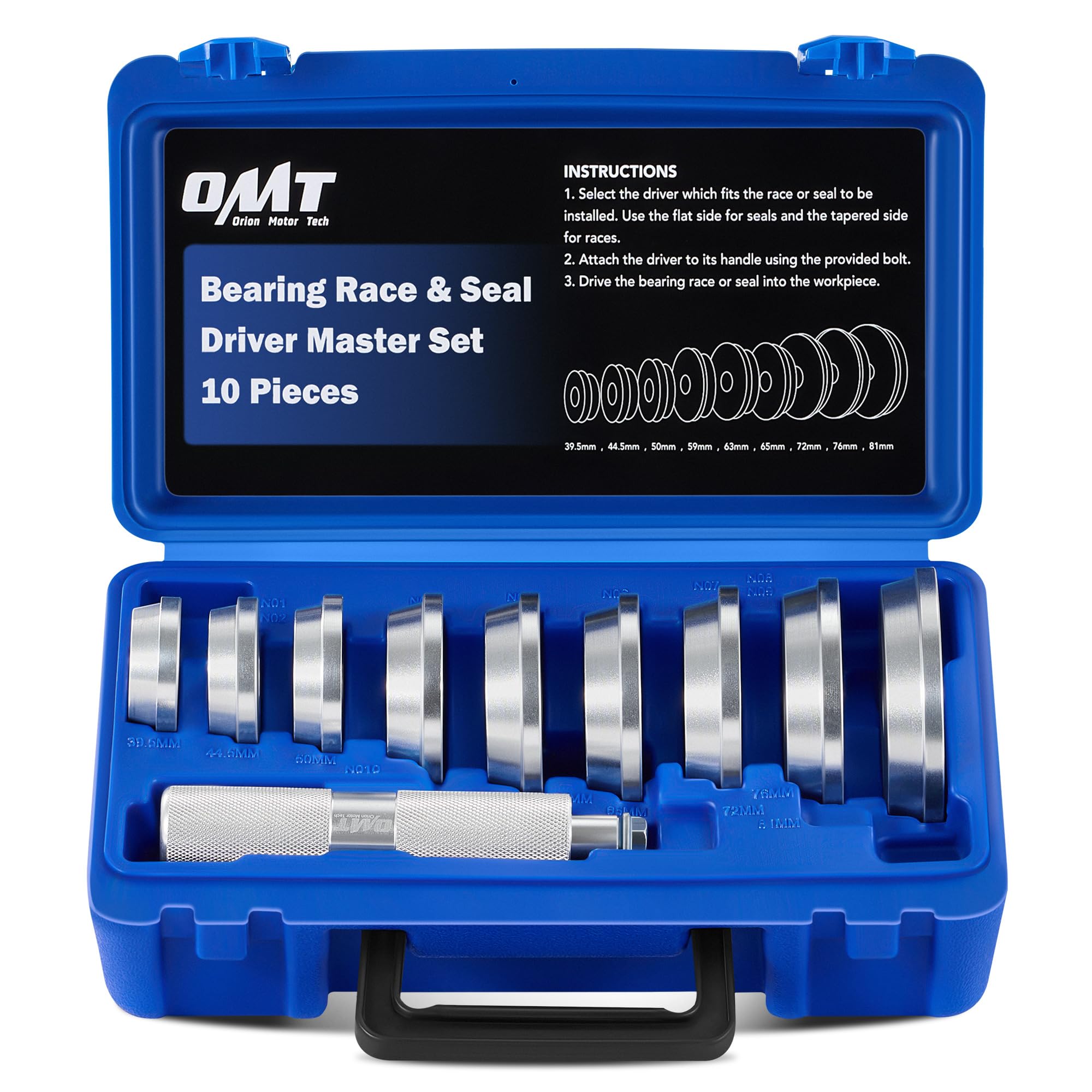 Orion Motor Tech 10pcs Bearing Race and Seal Bushing Driver Install Set 9 Discs Collar Axle Housing with Carrying Case Master/Universal Aluminum Kit for Automotive Wheel Bearings