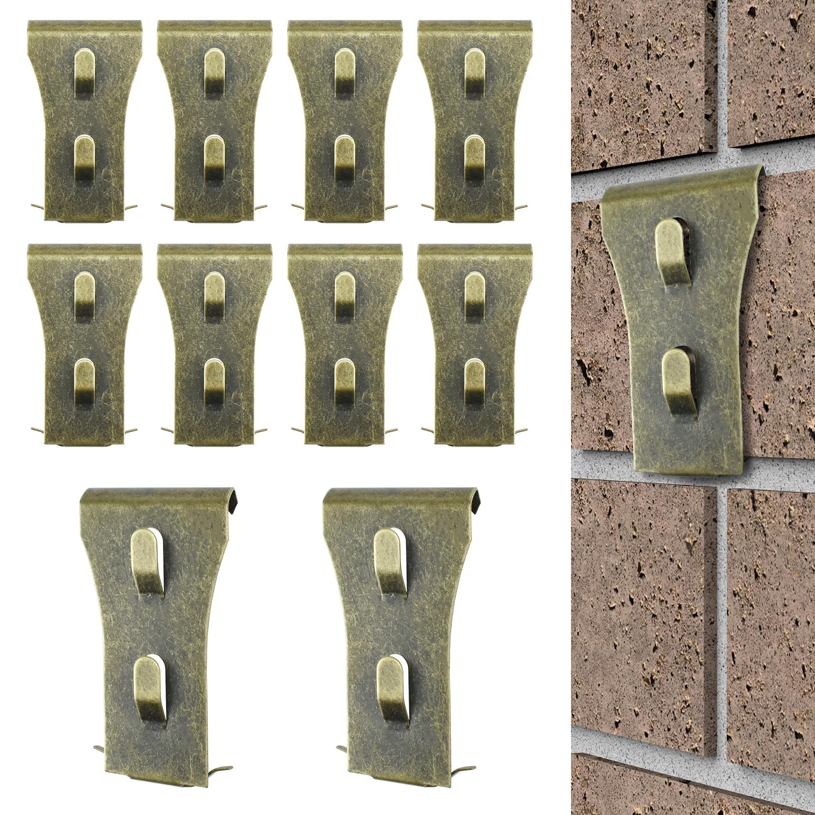 ZIUZI 10 Pcs Brick Clips for Hanging Outdoors, No Drill Brick Hooks Hangers Fit Brick 2-1/4" to 2-3/8" in Height, Heavy Duty Brick Wall Hangers Clamps
