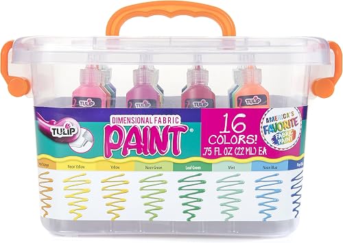 Tulip Puff Fabric Paint Big Box, Creative Party Kit, Includes Reusable Plastic Bin, Permanent 3D Paint for Fashion DIYs, Rock Painting, Arts & Crafts, Rainbow Colors, 16-Pack